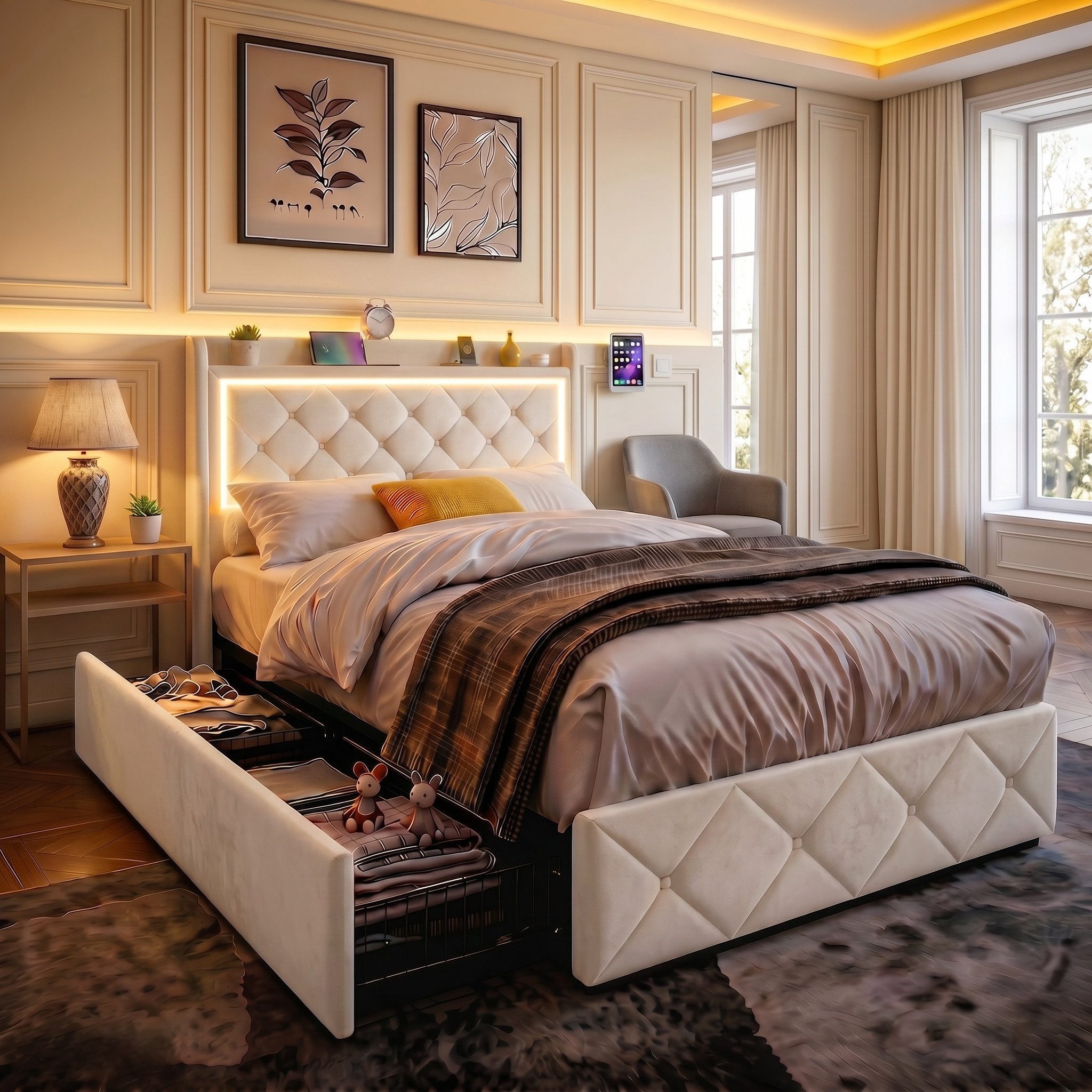 Furnishings Home Polsterbett LED Doppelbett Stauraumbett mit Kopfteil und 4 Schubladen (Samtmaterial Polsterbett mit RGB Beleuchtung), mit Lattenrost und Ladefunktion, mit Komforthöhe, Leises Design Bett