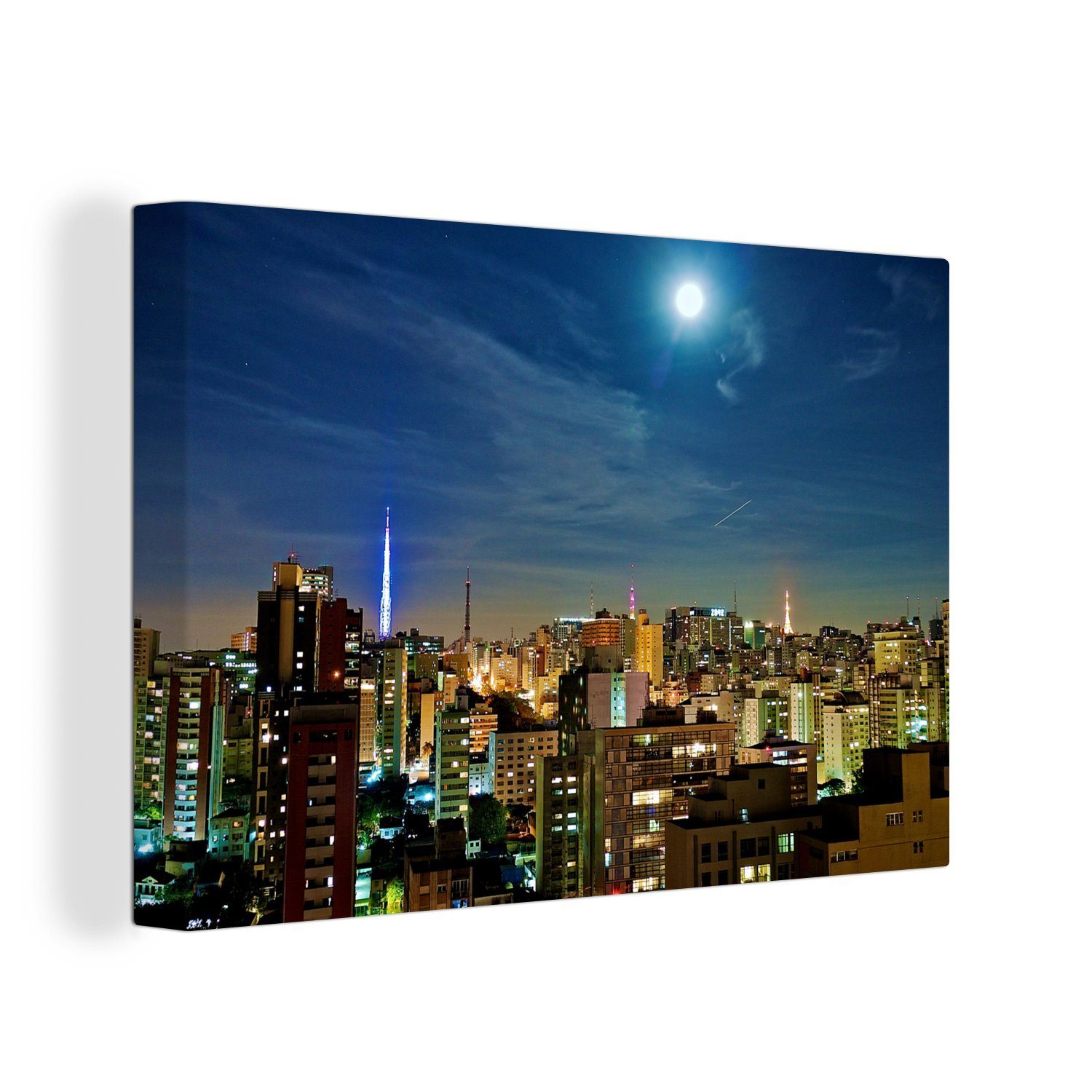 OneMillionCanvasses® Leinwandbild Der Vollmond leuchtet über der Metropole São Paulo in Brasilien, (1 St), Wandbild Leinwandbilder, Aufhängefertig, Wanddeko, 30x20 cm