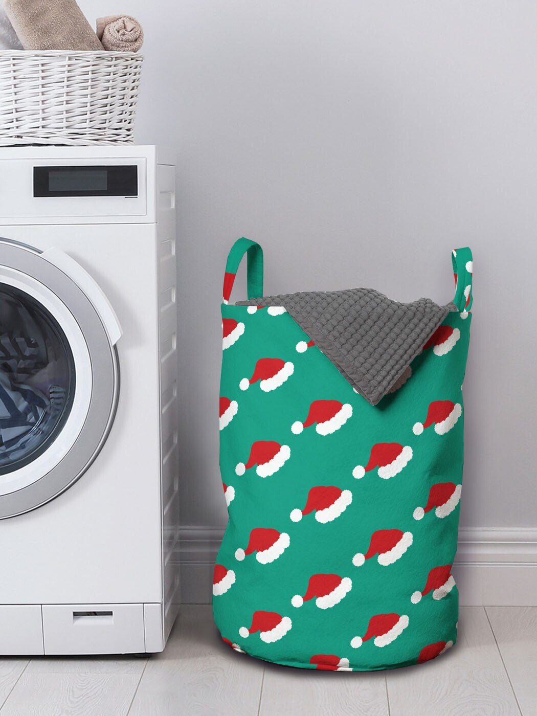 Kordelzugverschluss für Weihnachten Griffen Wäschesäckchen mit Sankt-Hüte Abakuhaus Waschsalons, Repetitive Wäschekorb Grünes