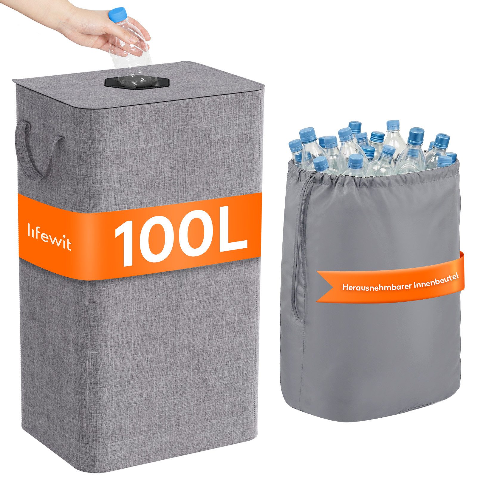 Lifewit Mülleimer Pfandflaschensammler mit Deckel Einwurfloch für Leergut Altglas Küche., 100l, Faltbar