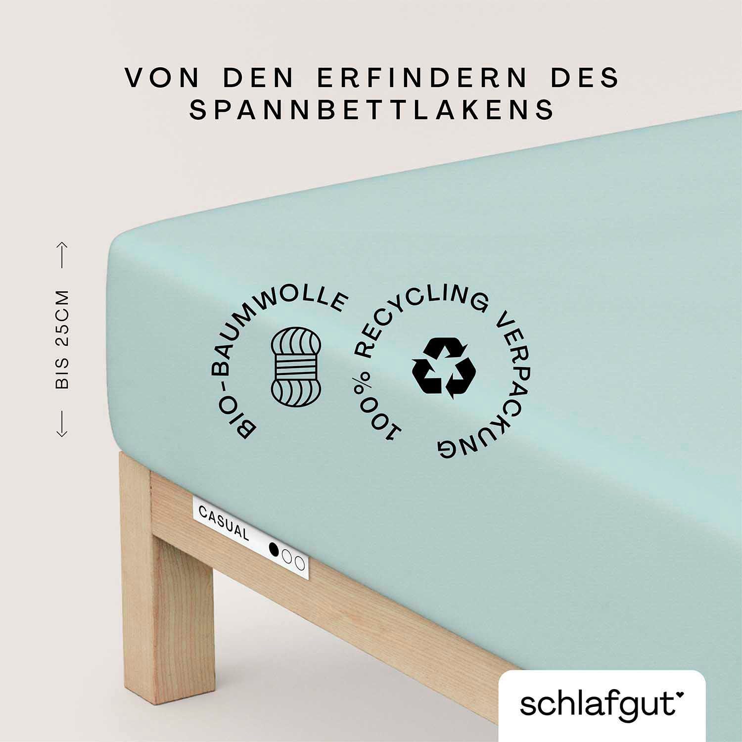Schlafgut Spannbettlaken CASUAL Bettlaken 100% gekämmte Bio-Baumwolle, 150 g/m², Spannbetttuch, Jersey, Gummizug: rundum, (1 Stück), Bettlaken bis 25 cm Höhe, langlebig, weich, Antipilling-Ausrüstung