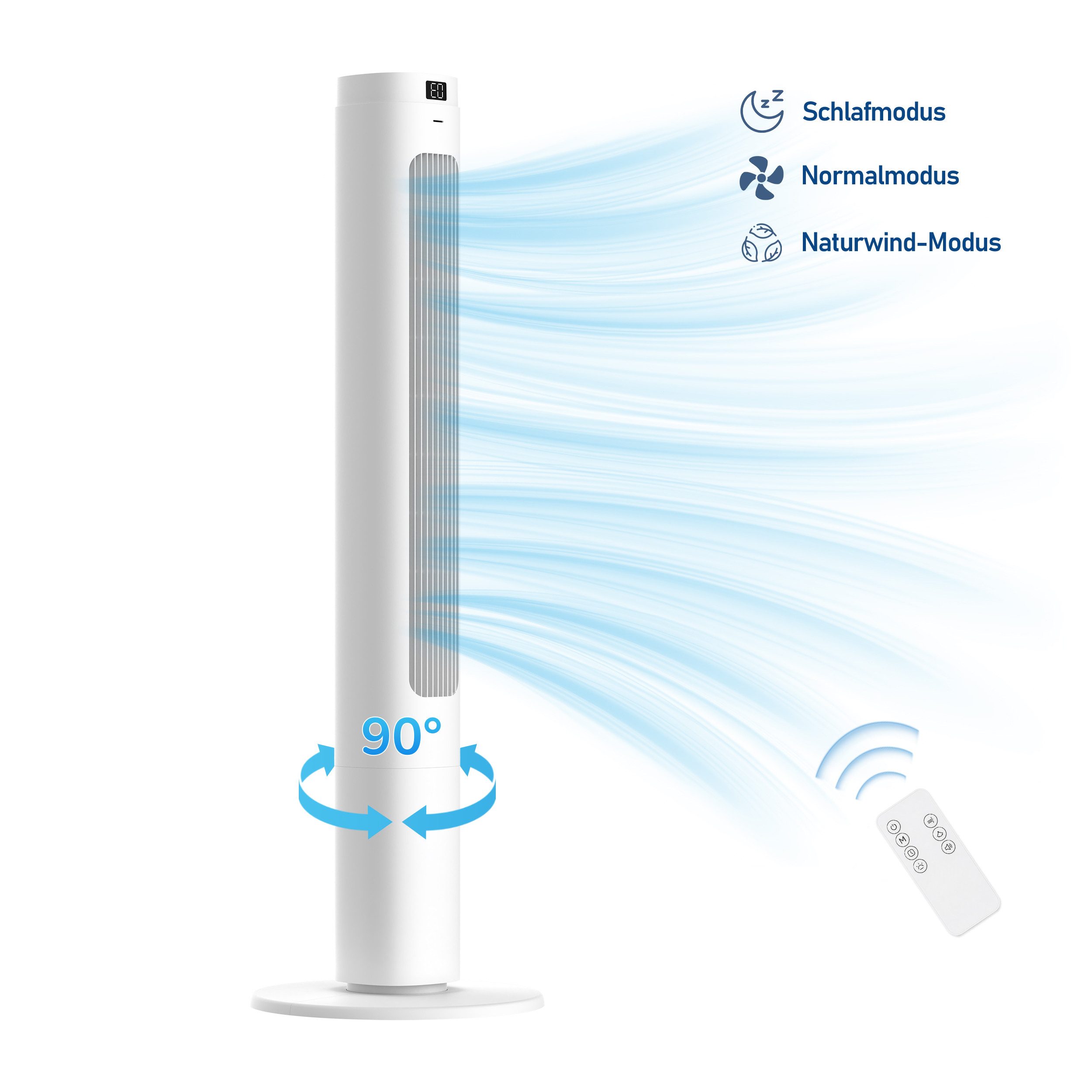 WHEELYOU Turmventilator 90 cm mit Fernbedienung, 90° Oszillation, LED-Display & 9h-Timer, 3 Modi, 4 Stufen, Raumtemperaturanzeige, 400 m³/h, 15–25 m²