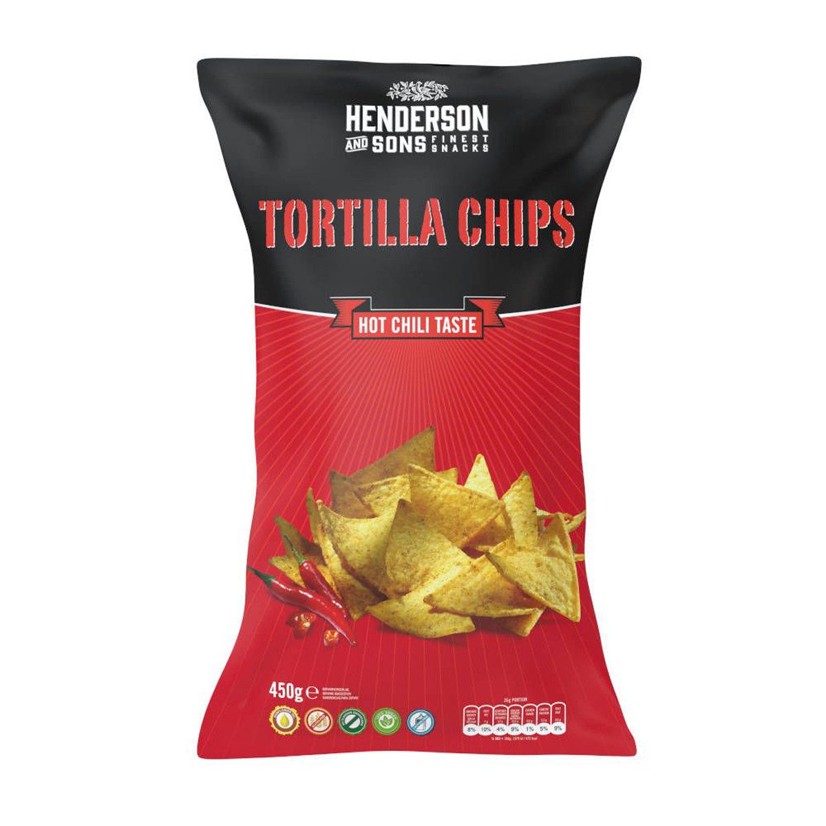 HENDERSON & SONS Knabberei, Henderson and Sons Tortilla Chips Hot Chili Taste Kartoffelchips 450g