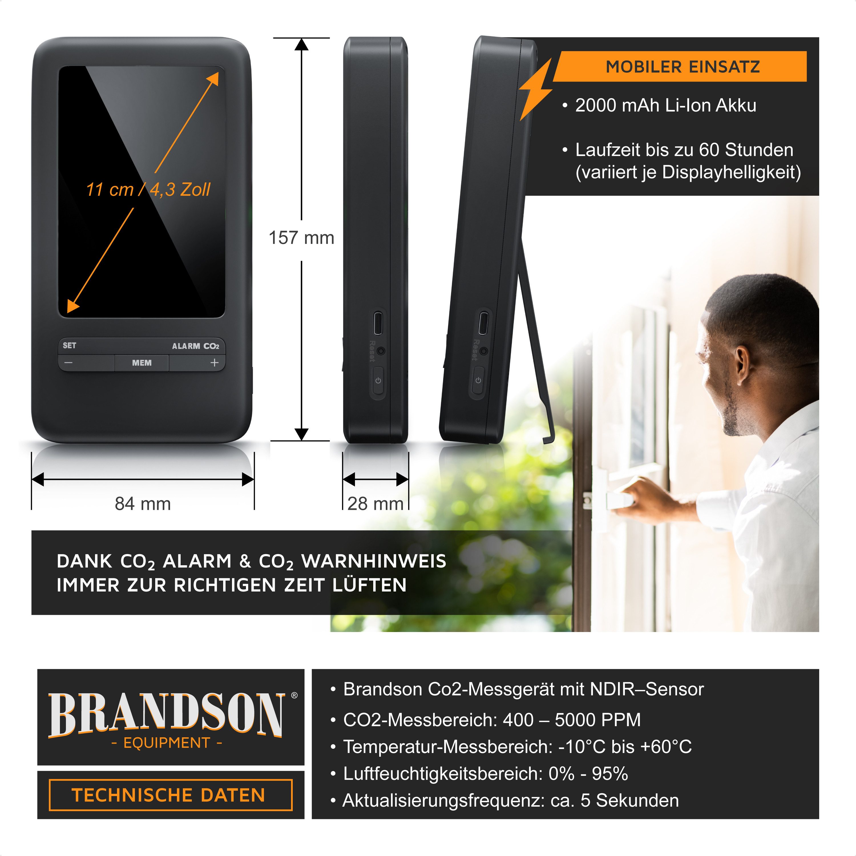Brandson Raumluft-Qualitätssensor CO2 Messgerät, Kohlendioxidmessung, Luftqualität Melder, Warnmelder, Sensor für Luftqualität, CO2 Messung, Präzise Kohlendioxidmessung