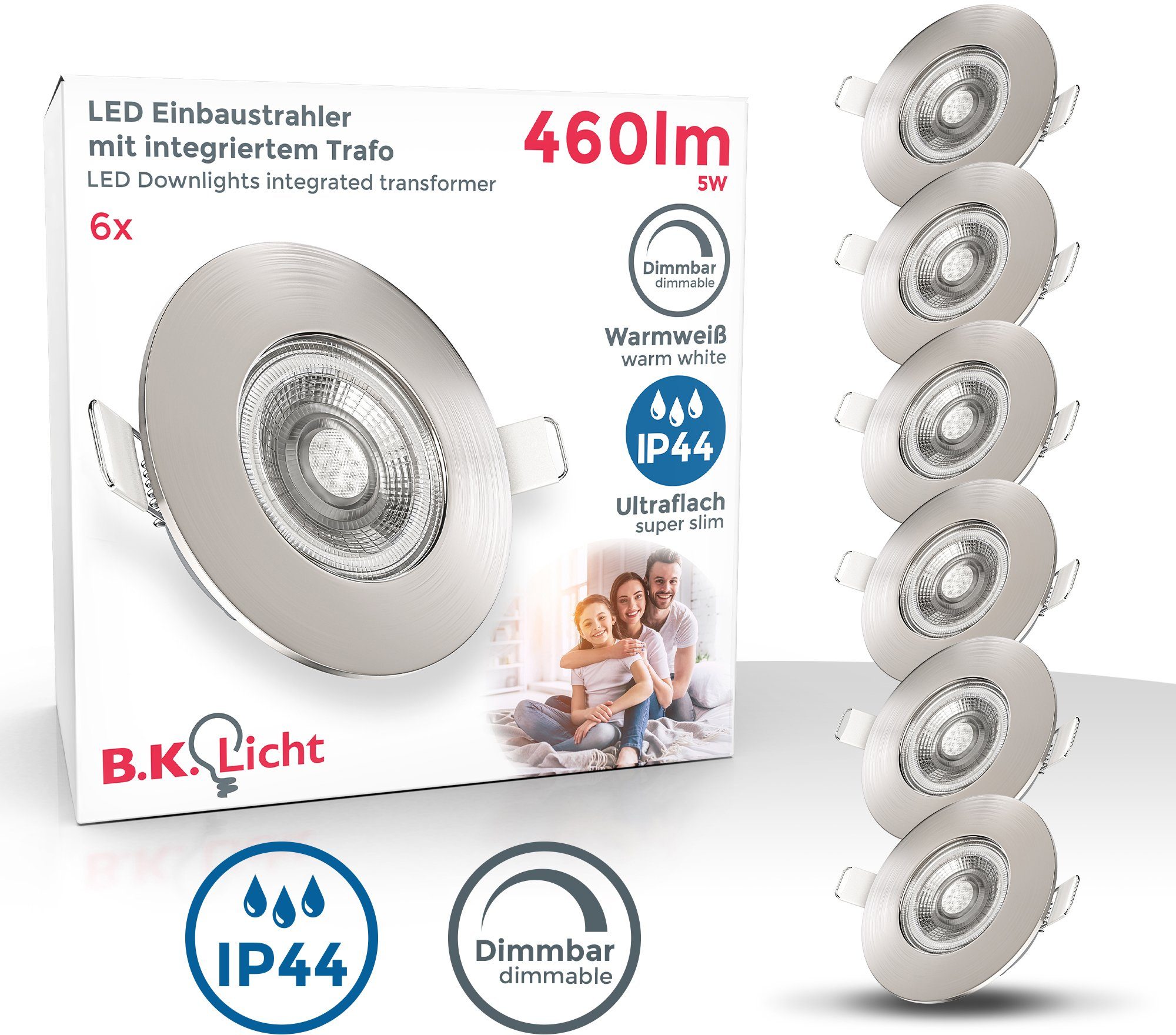 B.K.Licht LED Einbauleuchte, LED fest inkl. Einbauleuchte, 6er Einbauspots, 5W, Warmweiß, flach, SET integriert, dimmbar, IP44