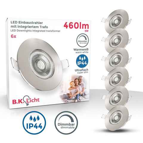 B.K.Licht LED Einbauleuchte, LED fest integriert, Warmweiß, Einbauspots, dimmbar, IP44, Einbauleuchte, inkl. 5W, flach, 6er SET