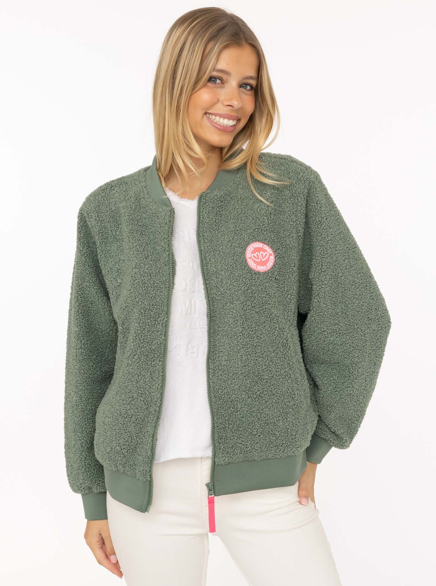 Zwillingsherz Bomberjacke Teddy Bomberjacke "Smile / Good Vibes" Seitliche günstig online kaufen