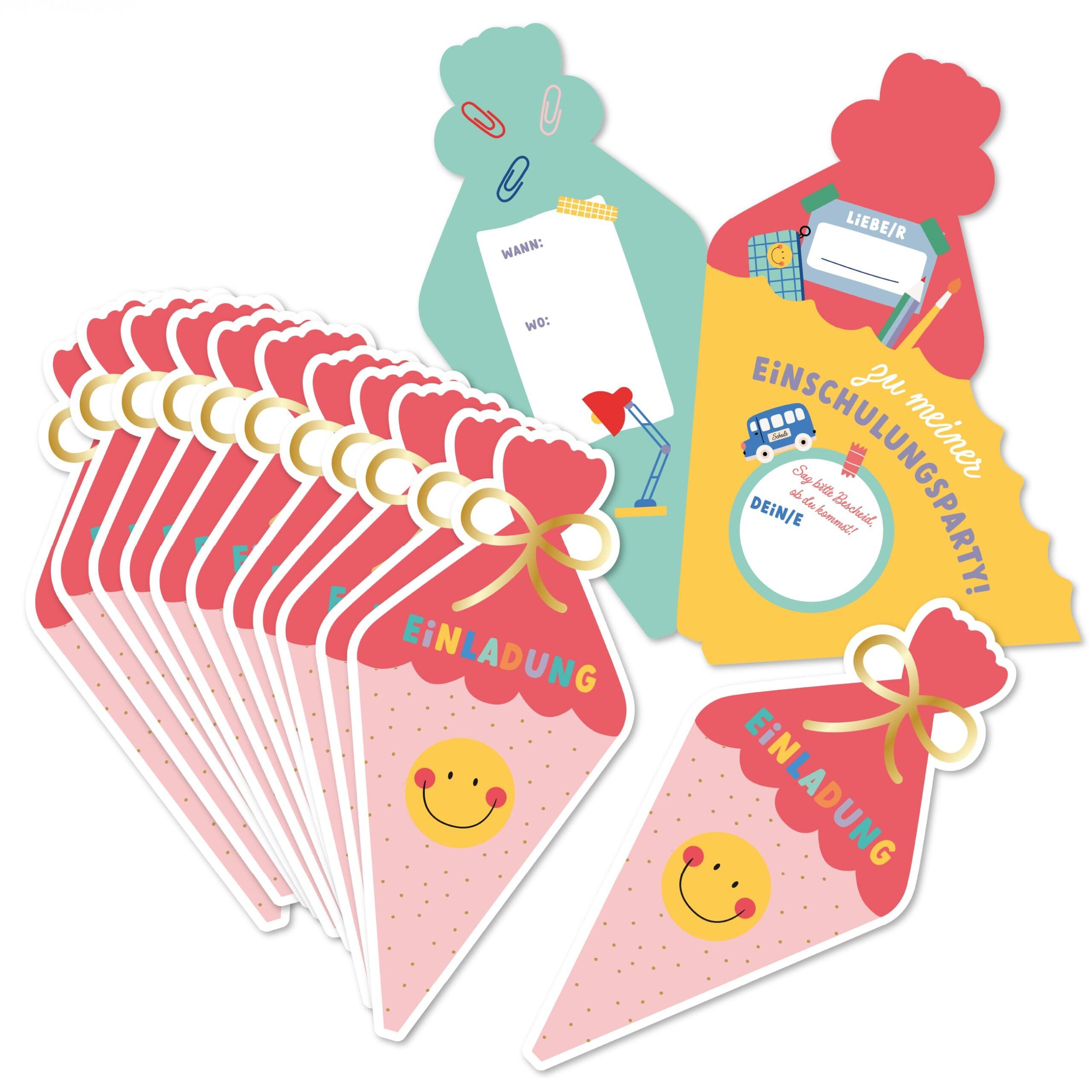 PAPIERDRACHEN Einladungskarten Einladungen zur Einschulung - Schultüte pink, Made in Germany