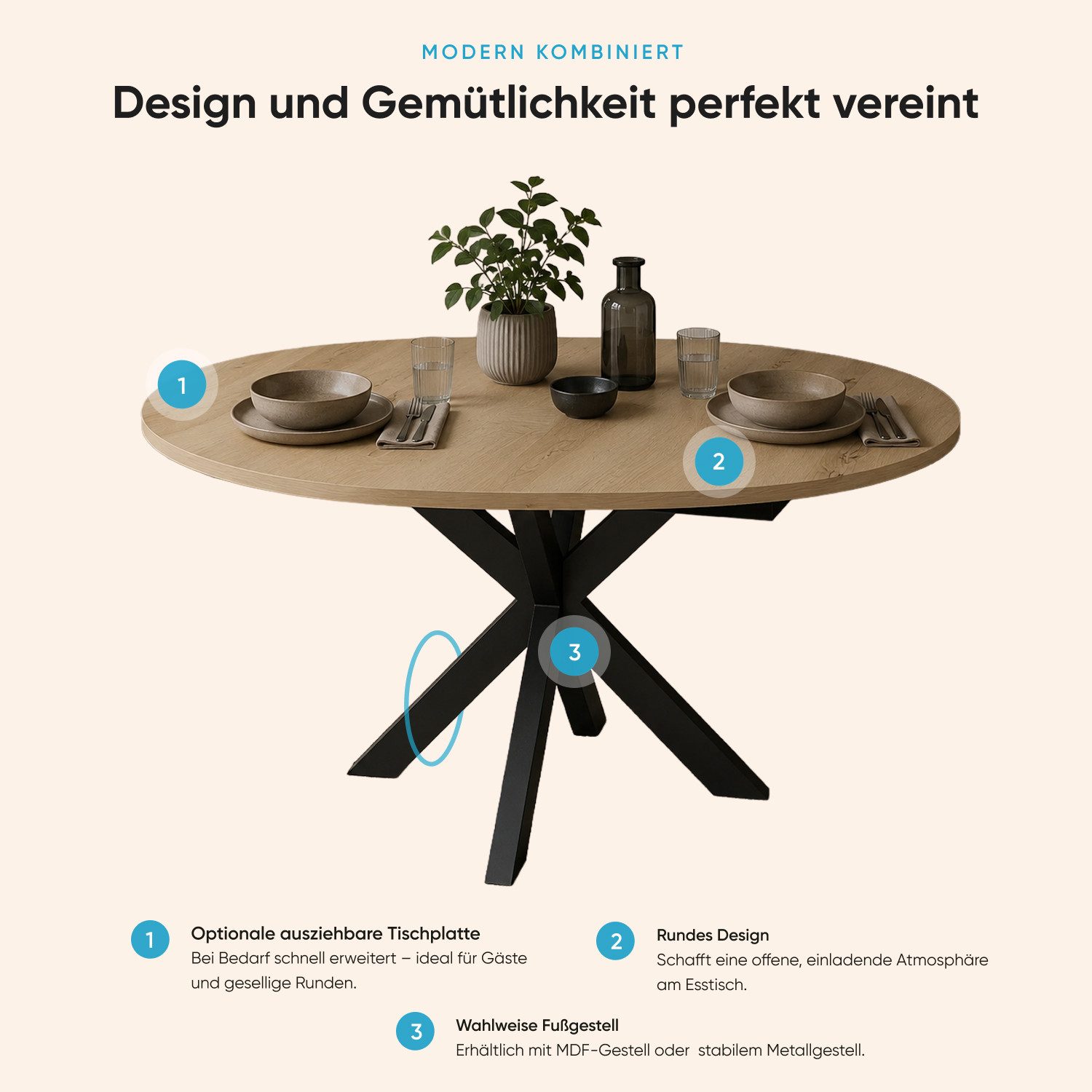 Storado Esstisch Big System Rund Ø110–170cm, Esszimmertisch, Farbe wählbar, Ausziehbar von 110 auf 150cm mit Synchronauszug und Gestell