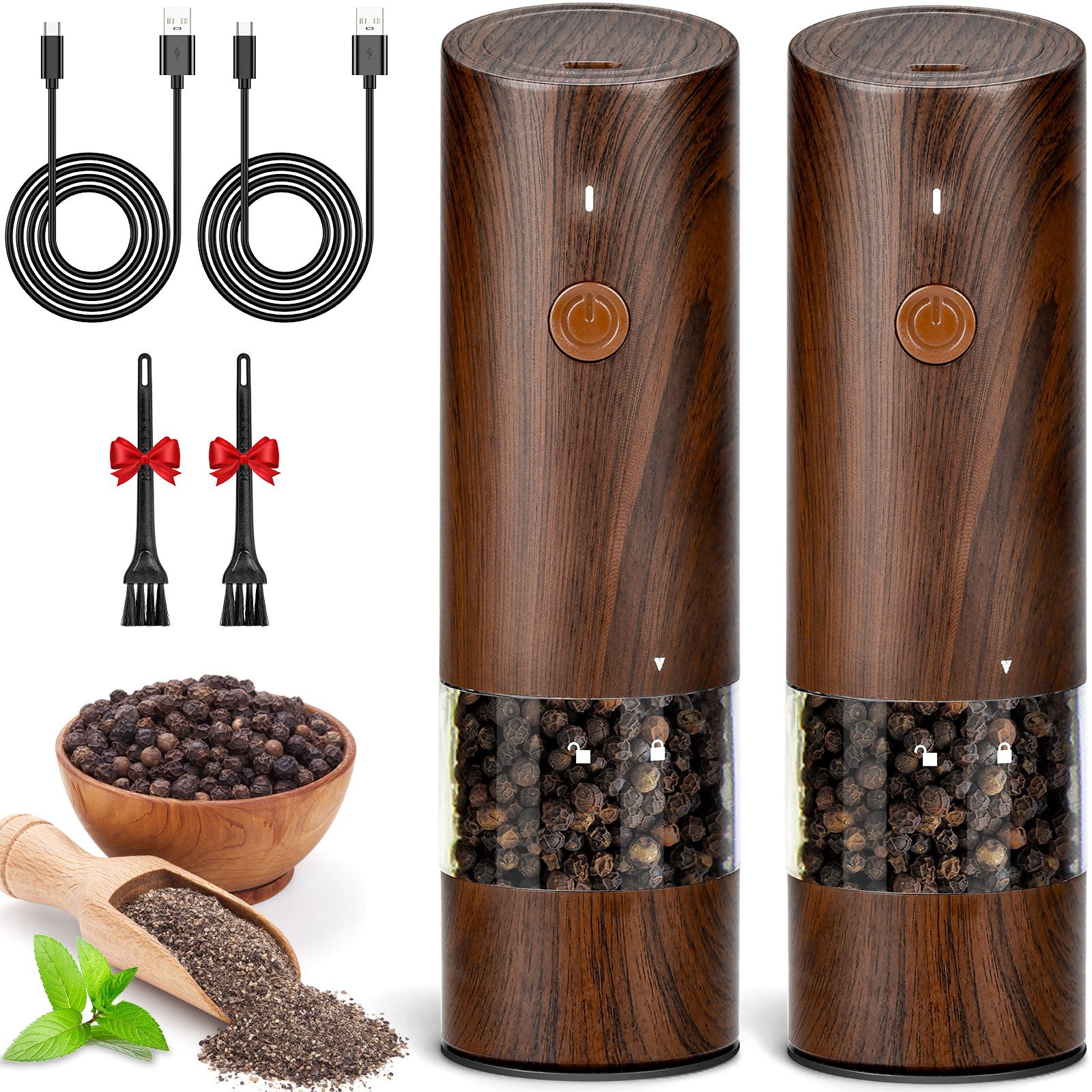 AIBISTAR Pfeffermühle Salz-/Pfeffermühle Elektrische Holz Salzmühle,2er Set mit USB elektrisch, (6 Stück), Mahlgrad einstellbar,Keramik Mahlwerk,Wiederaufladbar,Holzoptik Design
