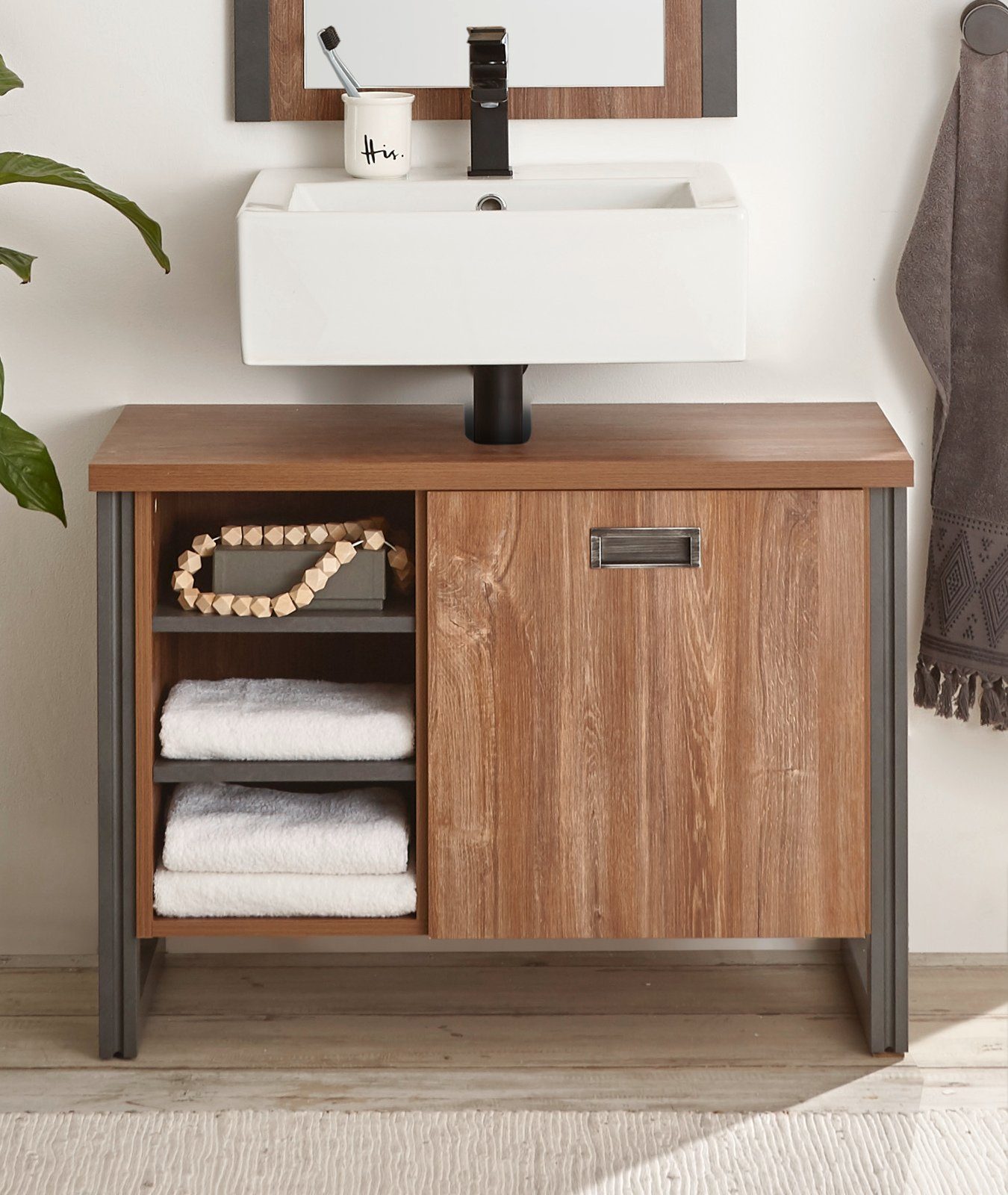Furn.Design Waschbeckenunterschrank Auburn (Waschtisch in Eiche mit grau, Breite 80 cm) Industrial Design