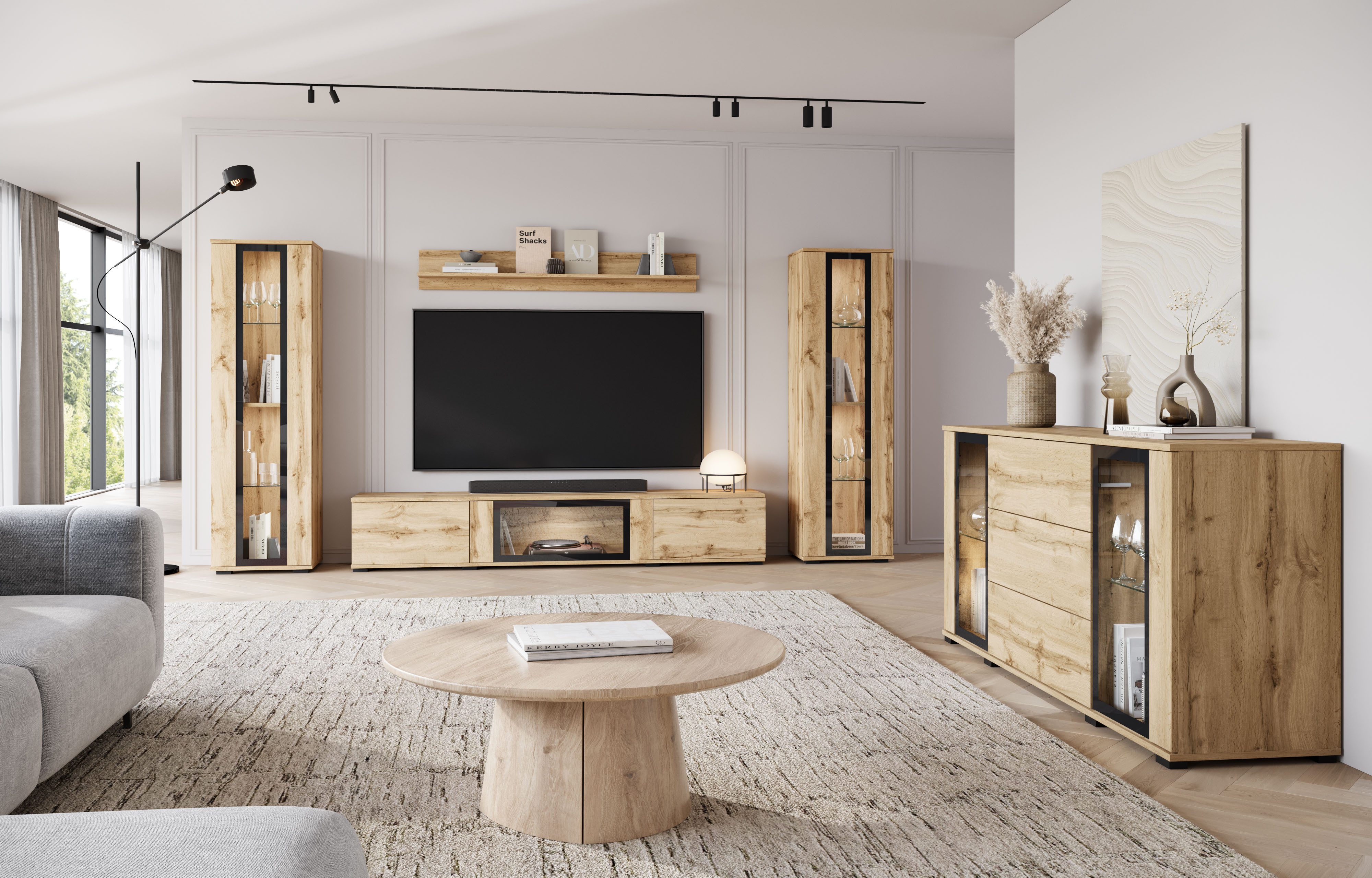 Home affaire Sideboard modernes Design mit Glaseinsätzen und 3 Schubladen, Breite 150 cm (1 St), Grifflose Fronten mit Push-to-Open, höhenverstellbare Einlegeböden