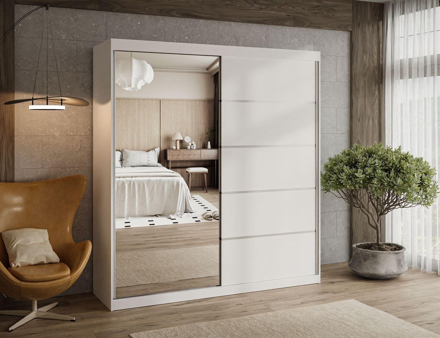 Lookway Kleiderschrank BASTER II PLUS 200 cm mit Spiegel, Schiebetürenschrank, Weiß / Weiß