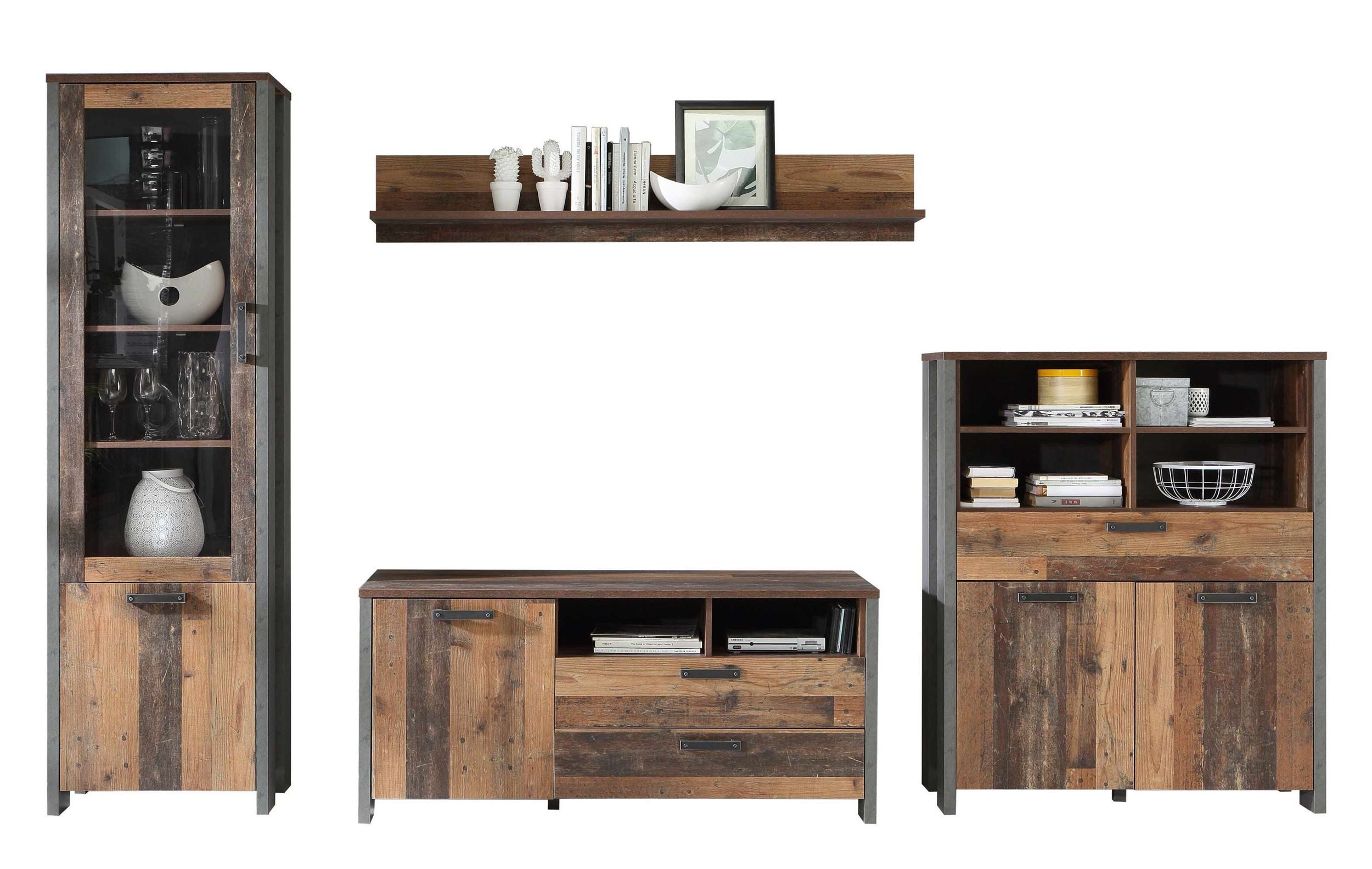 FORTE Wohnwand Wohnkombination Wohnzimmer Set CLIF, 4-tlg. - Optik: Old Wood Vintage, (Komplett-Set, 4-St., Vitrine, TV-Board, Highboard, Wandregal)