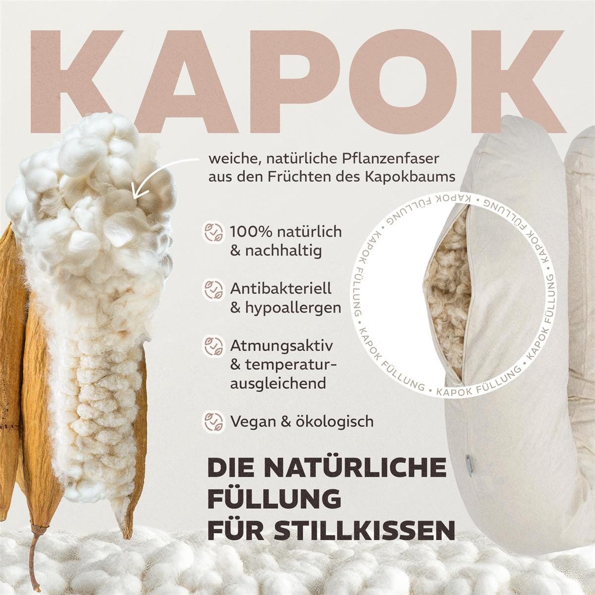 SEI Design Stillkissen Kapok-Füllung XXL 190x35 cm, Musselinbezug Bio-Baumwolle, ergonomisch, Schwangerschaftskissen mit Bezug, Seitenschläferkissen mit Kapok-Füllung, 100% Naturkissen, Musselin-Bezug aus Bio-Baumwolle