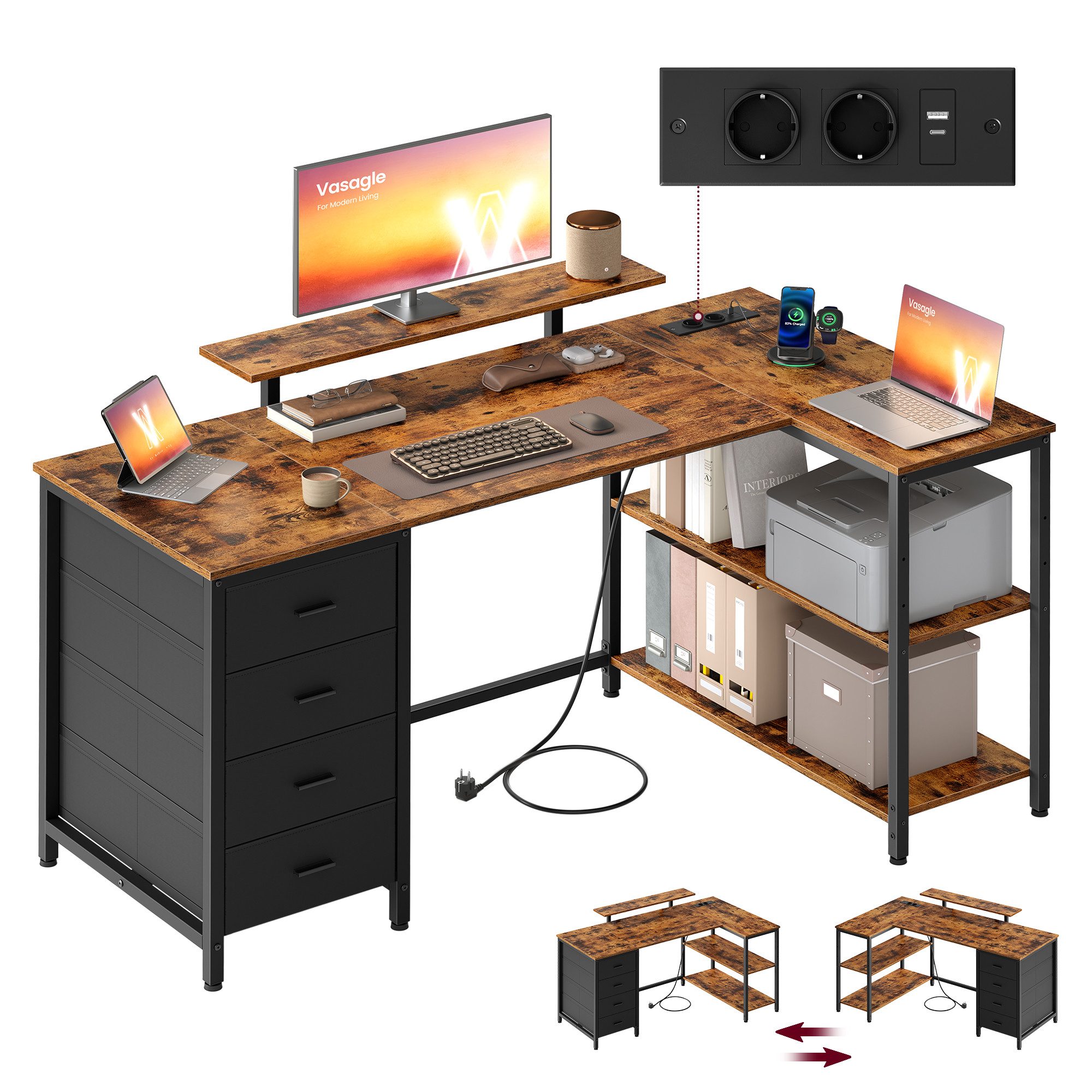 VASAGLE Schreibtisch L-förmiger Eckschreibtisch mit Steckdosen, Computertisch, Gaming-Tisch, verstellbare Ablagen, 4 Schubladen, 2 USB-Anschlüsse, 140 x 80 cm