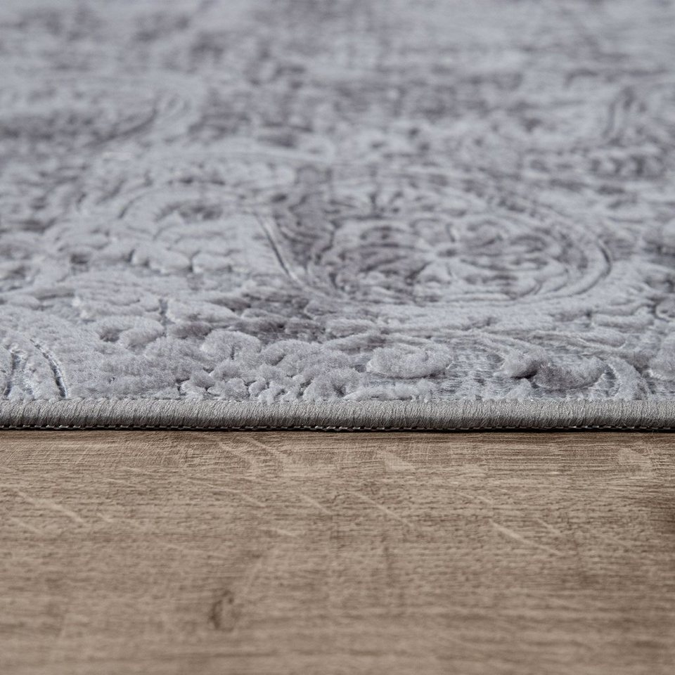 Teppich Weicher Kurzflor Für Wohnzimmer Orient-Look Waschbar Anthrazit  Grau, TT Home, rechteckig, Höhe: 10 mm