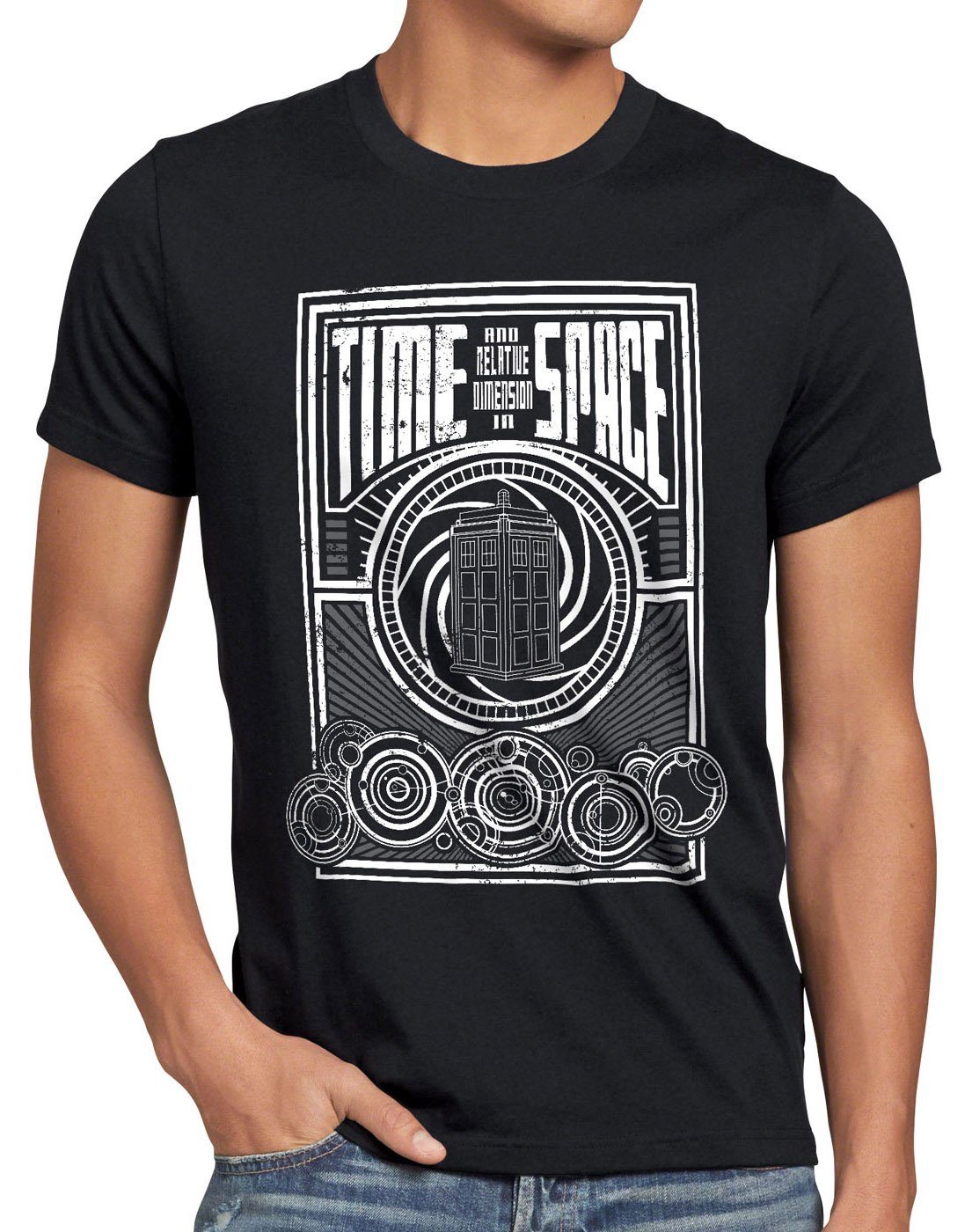 notrufzelle schwarz T-Shirt Space meets timelord zeitreise Print-Shirt Time Herren style3