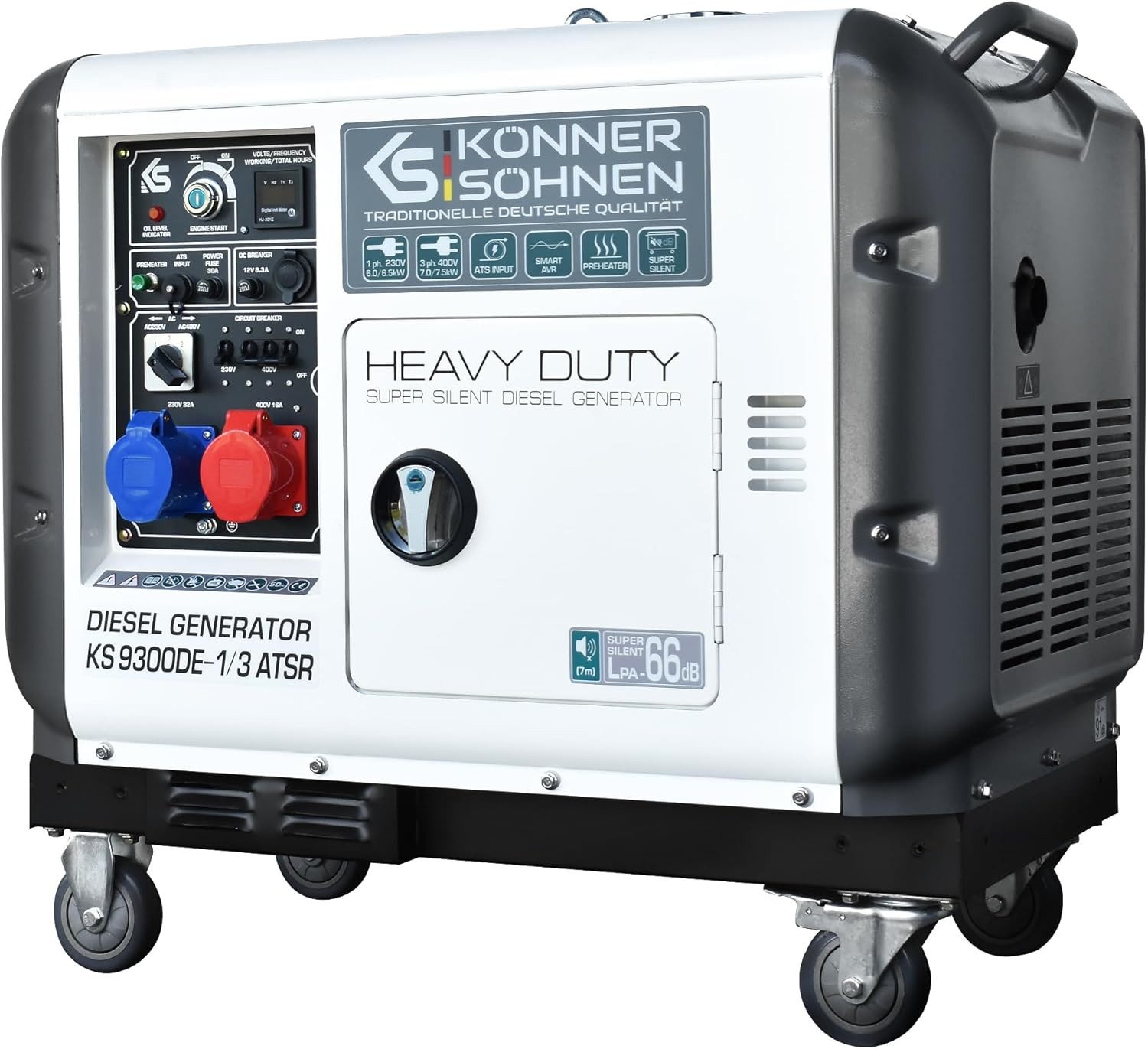 Könner & Söhnen Stromerzeuger KS 9300DE-1/3 ATSR, 7,50 in kW, (7500 W (400 V) / 6500 W (230 V), VTS-Phasenumschaltsystem, 1-tlg., Steckdosen 1x CEE 400 V 16 A / 1x CEE 230 V 32 A), Motor EURO 5, LED-Anzeige, Luftvorwärmer, ATS-Anschluss