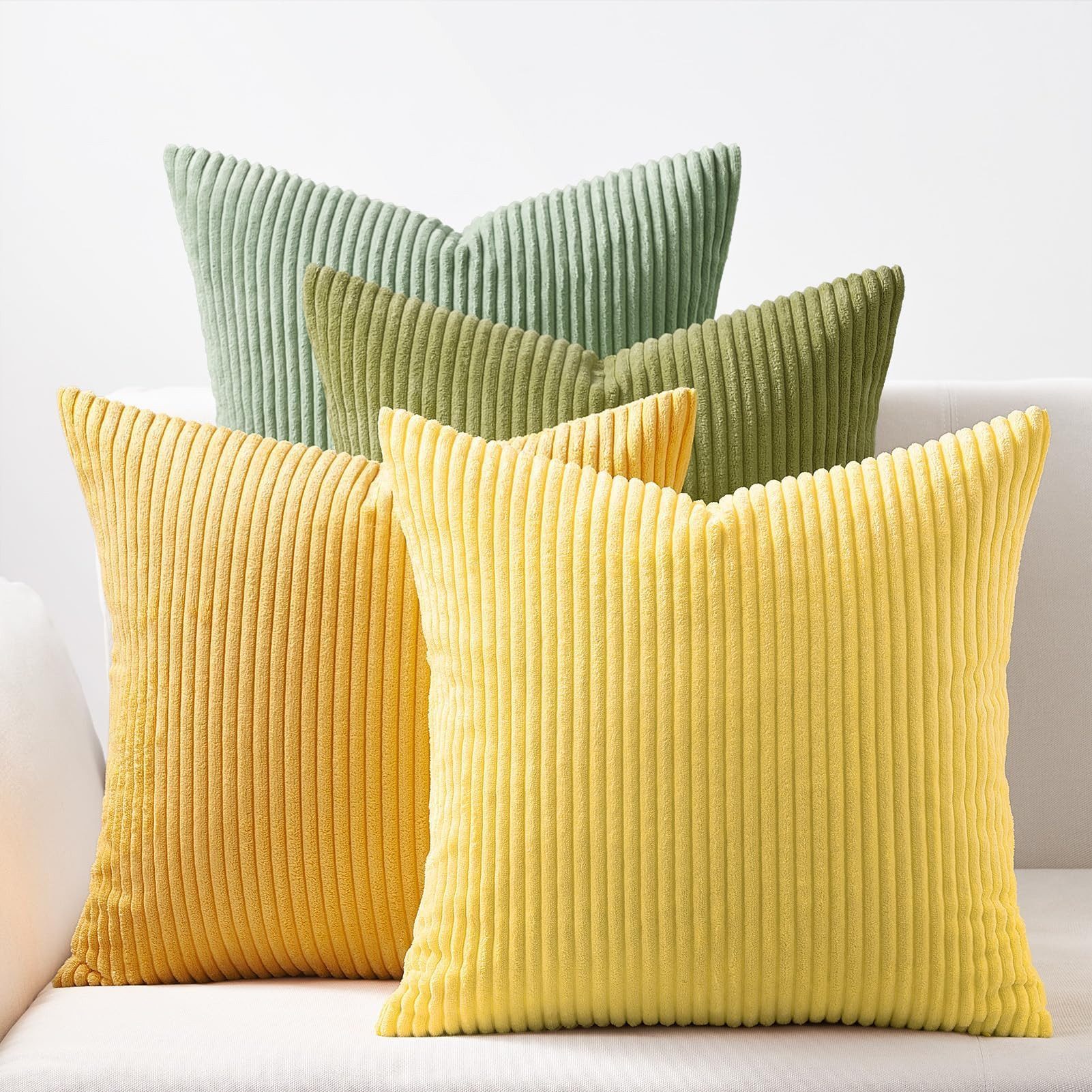 Topfinel Kissenbezüge 4er Set Kordsamt, flauschig Farbverlauf, Gestreift, kissenhülle 50x50 Gelb-grün cord kissen sofakissen kissenbezug 50x50