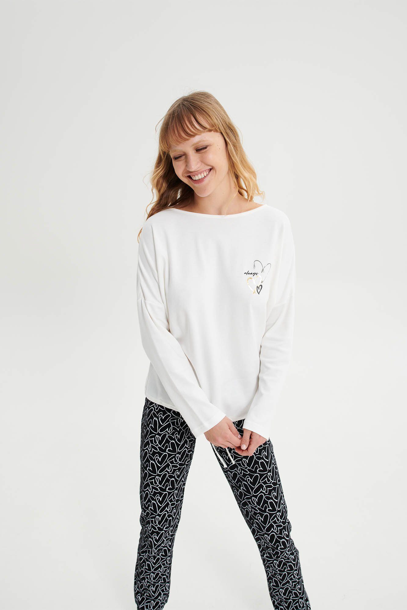 Vamp Schlafanzug VAMP lingerie (Set, 2 tlg., 2-teilig) Damen Schlafanzug lang 2-teilig Pyjama Baumwolle Glitzer-Aufdruck