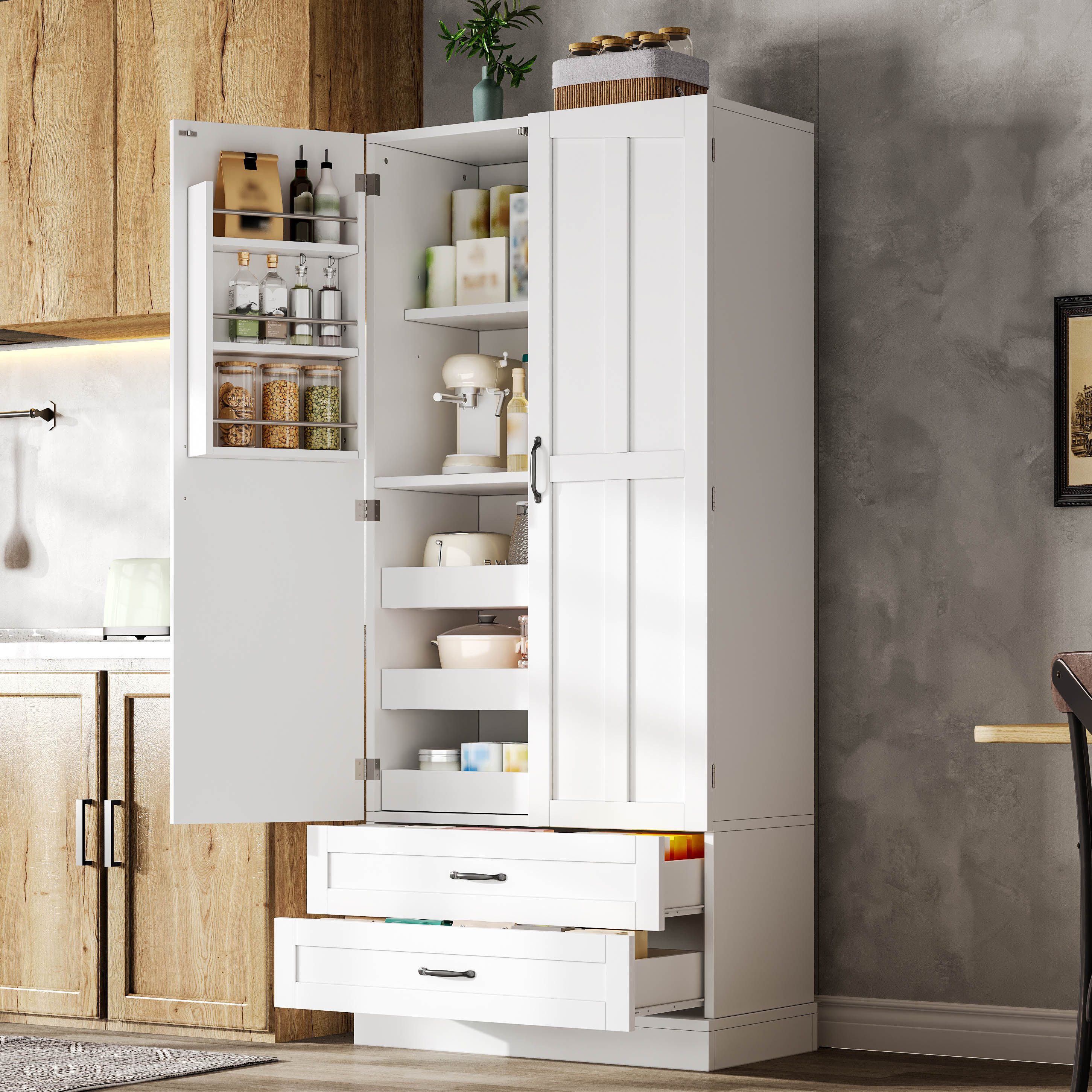 Flieks Hochschrank Küchenschrank mit 2 Schubladen, 3 Ausziehböden und 2 Türregalen (1-St., B80/T38/H180 cm) Mehrzweckschrank mit verstellbare Einlegeböden Holzschrank Weiß