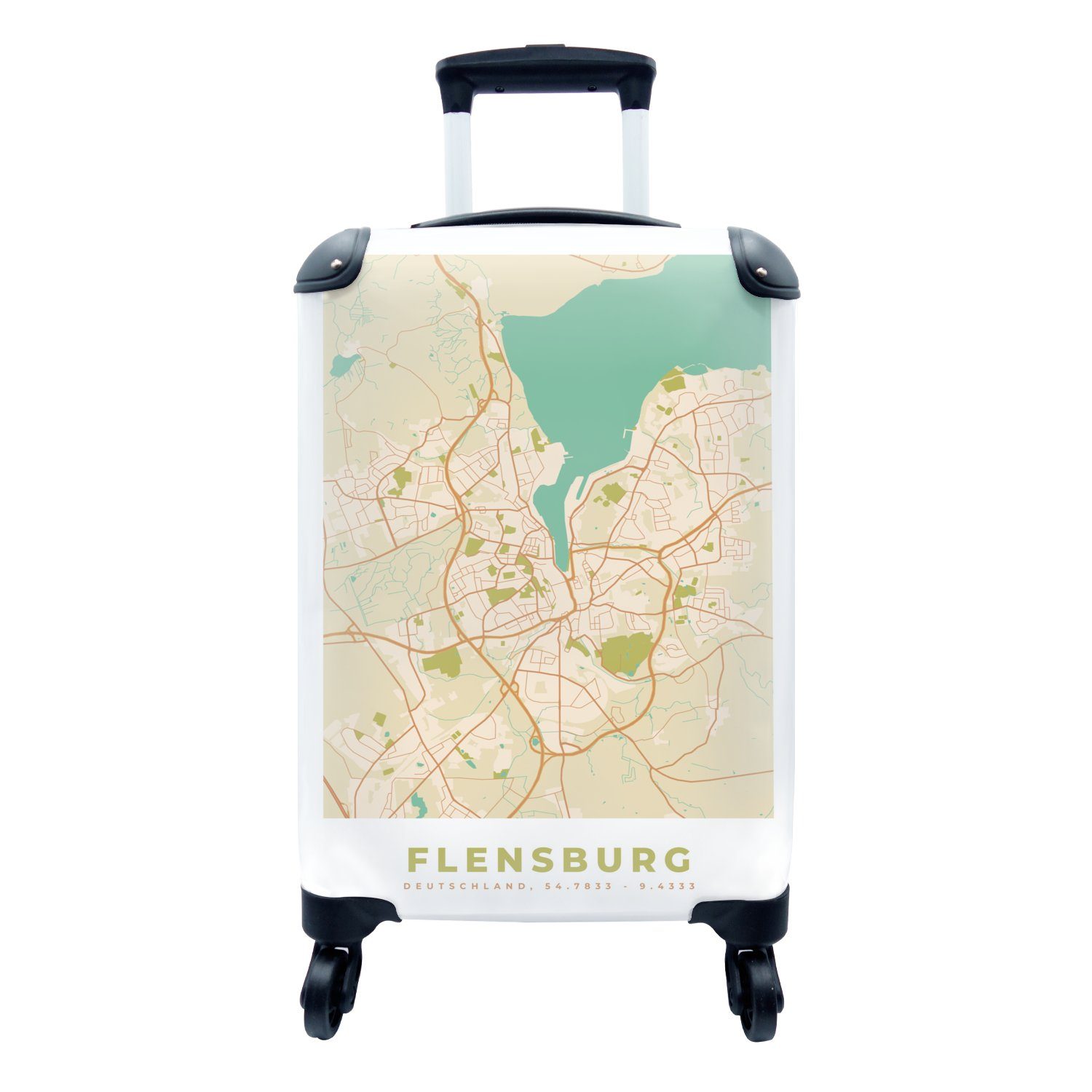 Flensburg Handgepäck 4 MuchoWow Ferien, - für Reisekoffer Reisetasche Handgepäckkoffer Karte mit Jahrgang - Rollen, Trolley, Karte, - rollen,