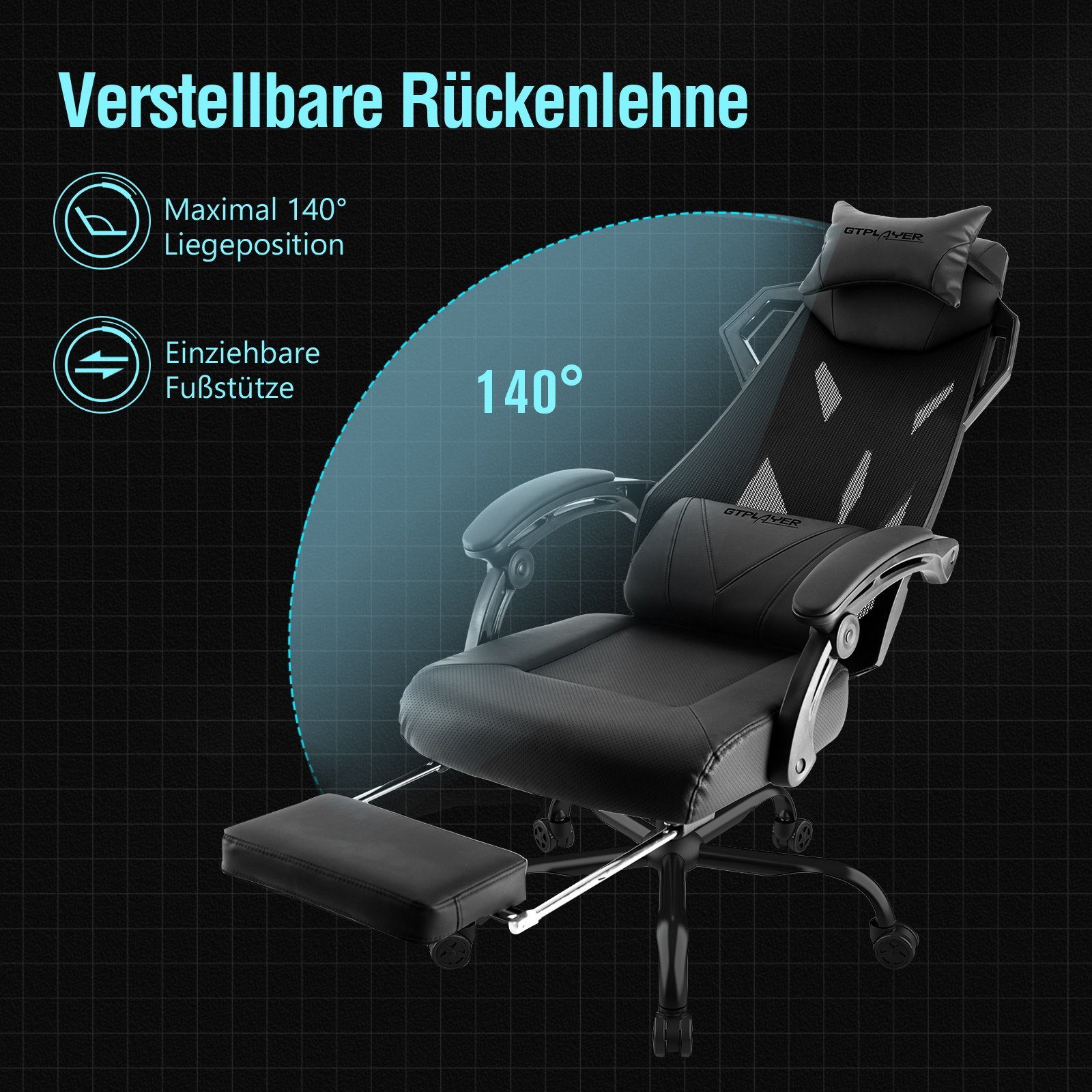 GTPLAYER Bürostuhl Ergonomischer Schreibtischstuhl Gamingstuhl Drehstuhl, mit Verbindungsarmlehnen, Verstellbarer Lordosenstütze und Kopfstütze – Bild 5 von 5