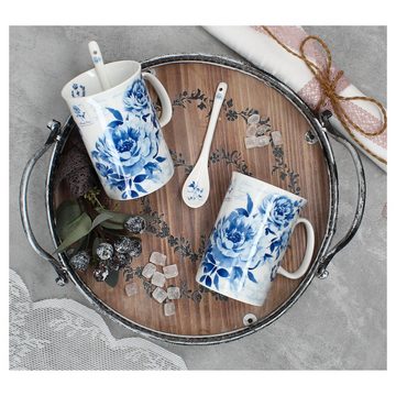 MamboCat Tasse 2 Teetassen + Löffel blau Rosen Dekor Tassen Teebecher Geschenk, Porzellan
