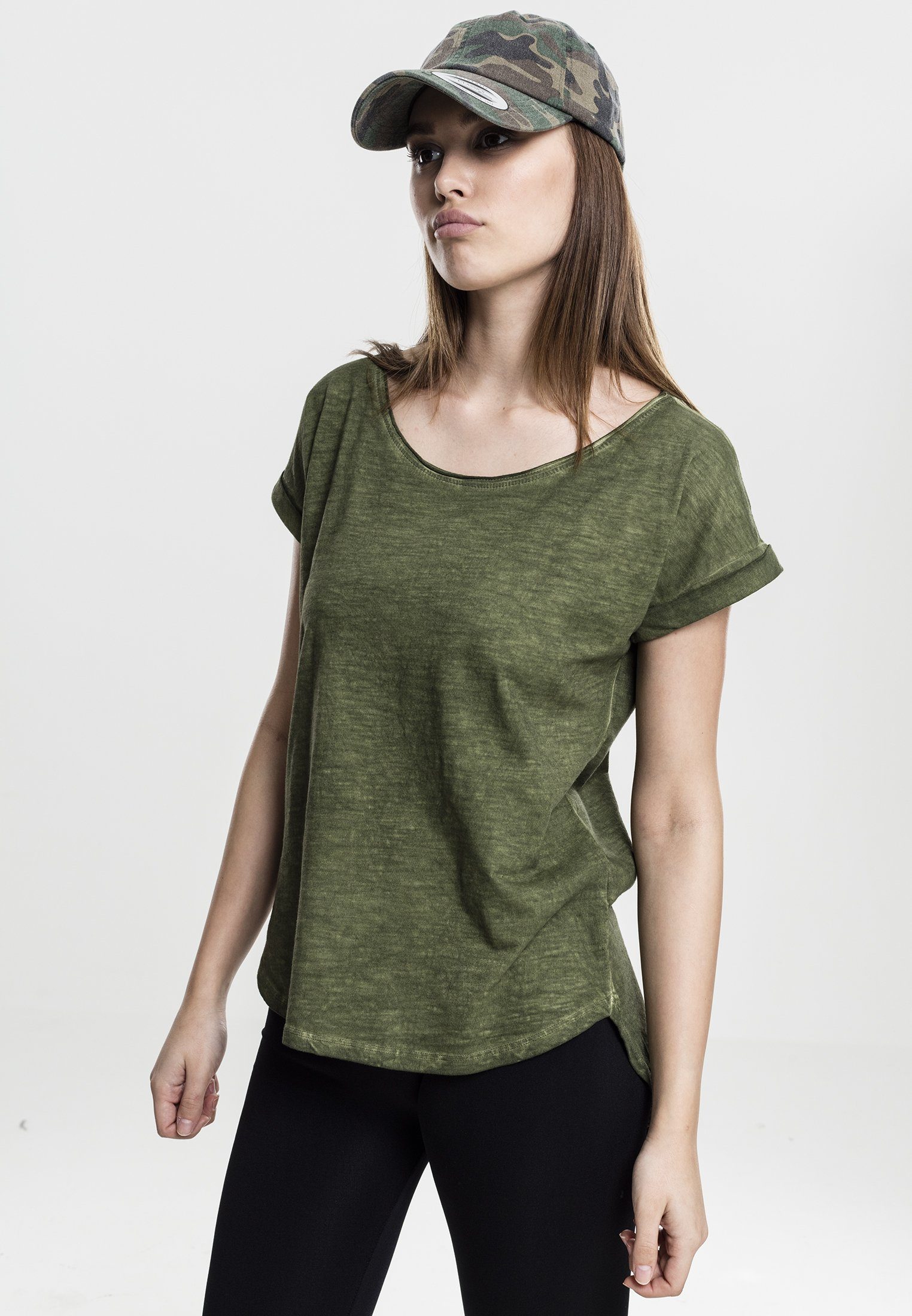 Ladies Long Spray Shaped Dye Tee olive CLASSICS Kurzarmshirt (1-tlg) Damen URBAN Back