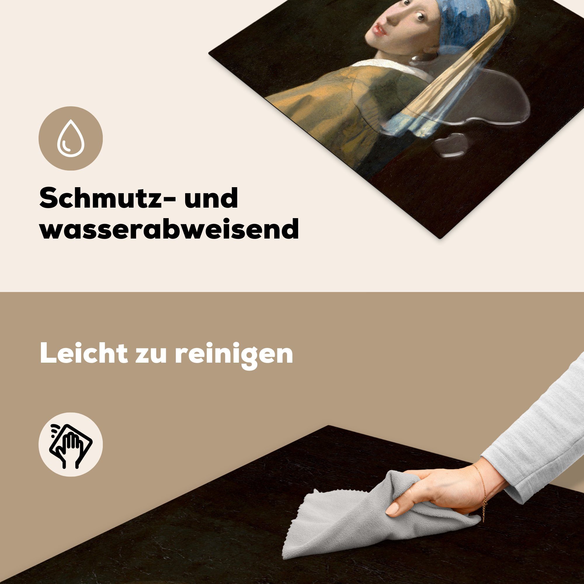 Vermeer, mit Induktionskochfeld, MuchoWow cm, Alte Ceranfeldabdeckung - Gemälde Vinyl, - Herdblende-/Abdeckplatte (1 Mädchen - Induktionsschutz, Perlenohrring 59x51 tlg), Meister