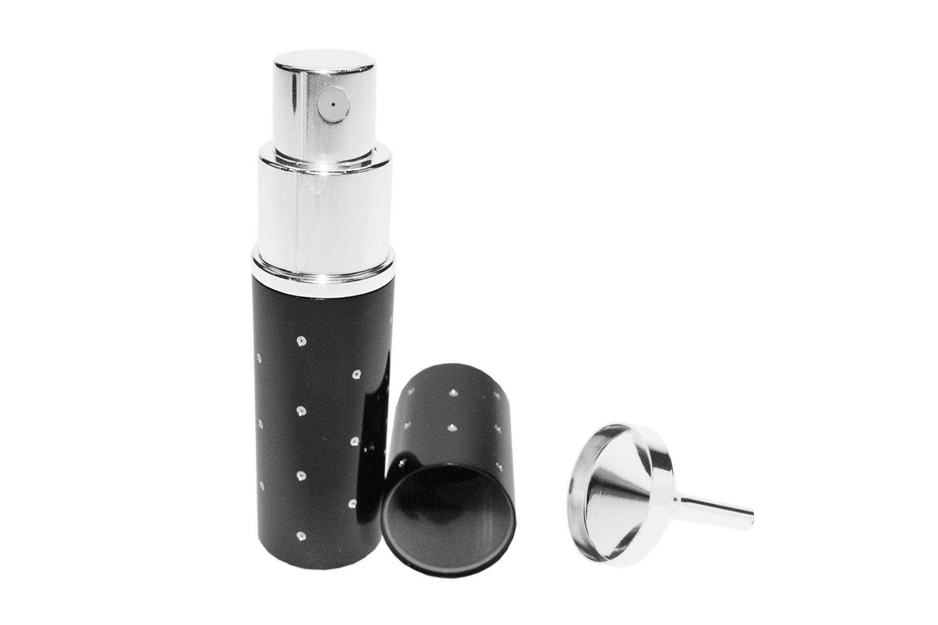 Fantasia Beauty Parfümzerstäuber Taschenzerstäuber Schwarz für 10 ml + Trichter silberfarben (1 St), Parfümzerstäuber Schwarz mit Trichter silberfarben