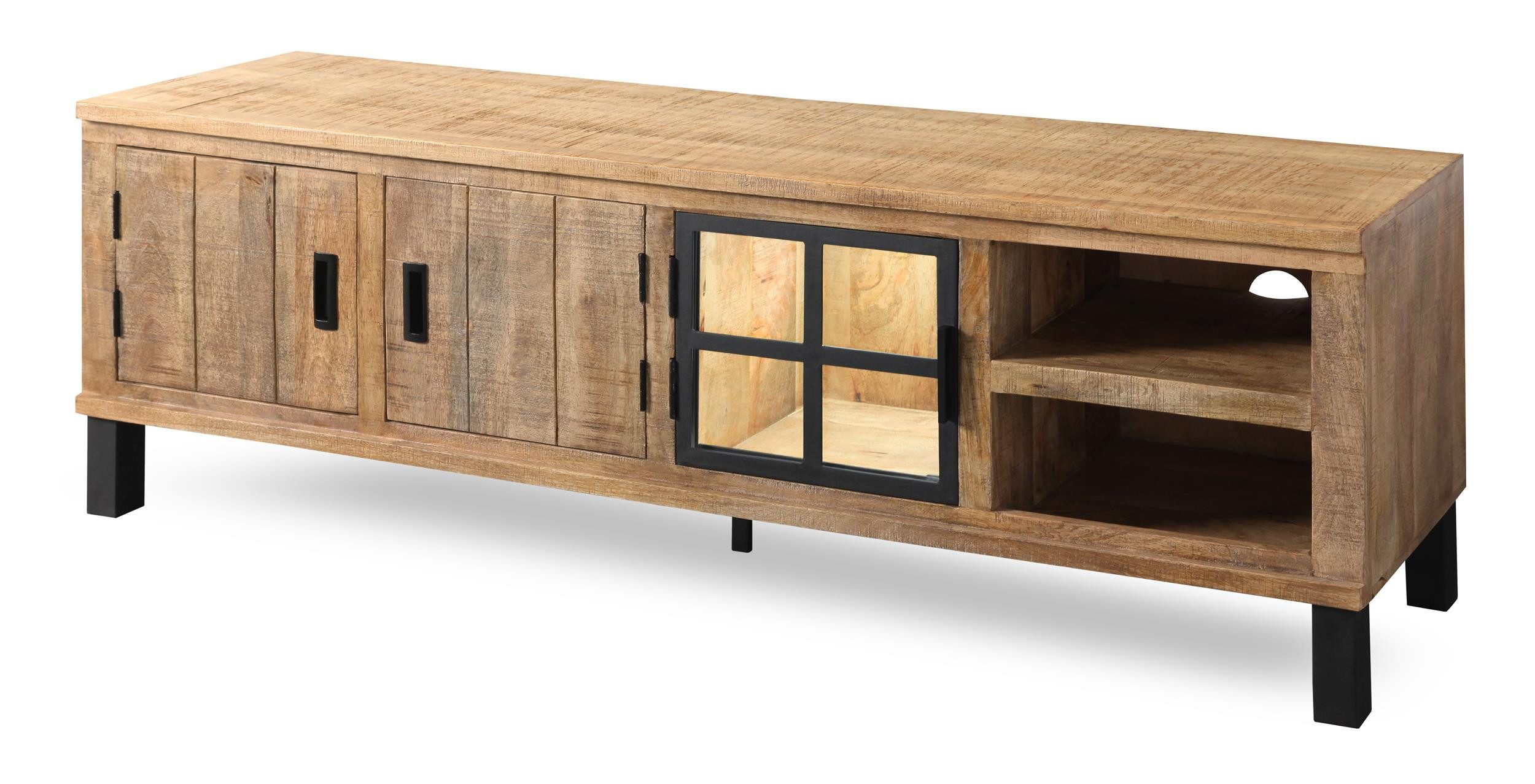 WOLF MÖBEL Sideboard (175 x 40 x 60), KALI Lowboard mit 2 Holz-/ 1 Glastür, 2 Abl., Licht