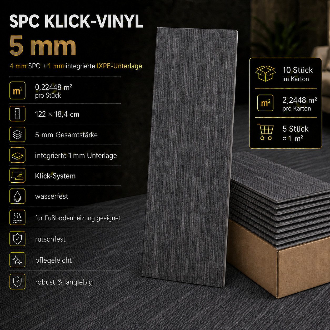 Berti Graf Vinyllaminat Klick Hart Teppichmuster SPC, Wasserfest, 4mm + 1mm, Bodenheizung