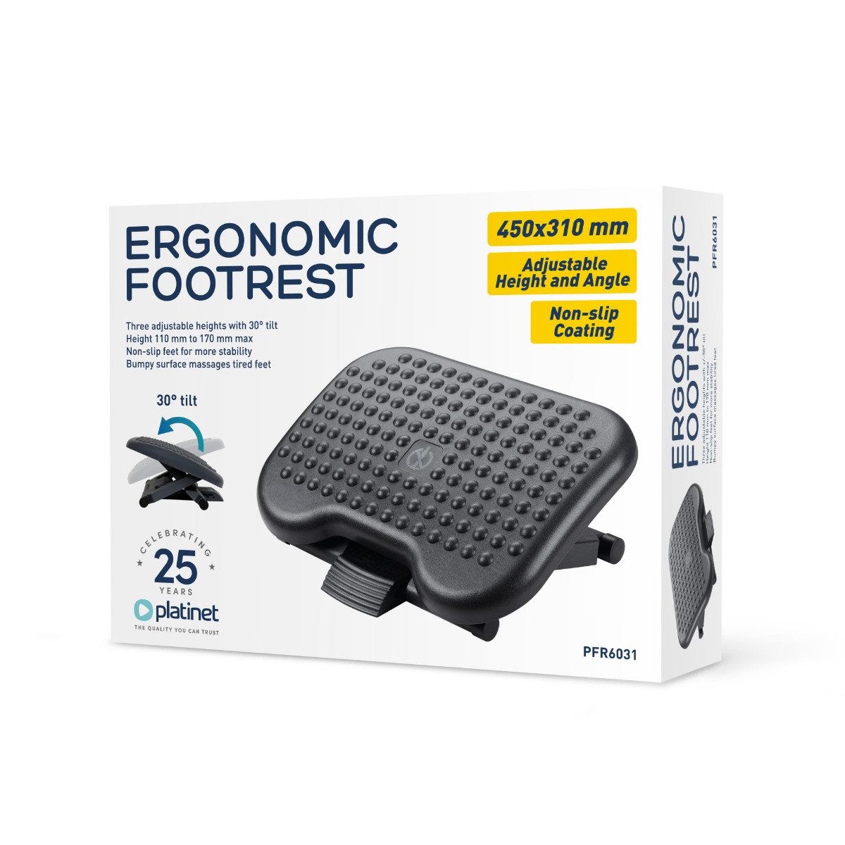 Platinet Fußstütze ergonomisch, rutschfest für Büroarbeitsplatz, höhenverstellbar, Dreistufig verstellbare Fußstütze mit Massagestruktur