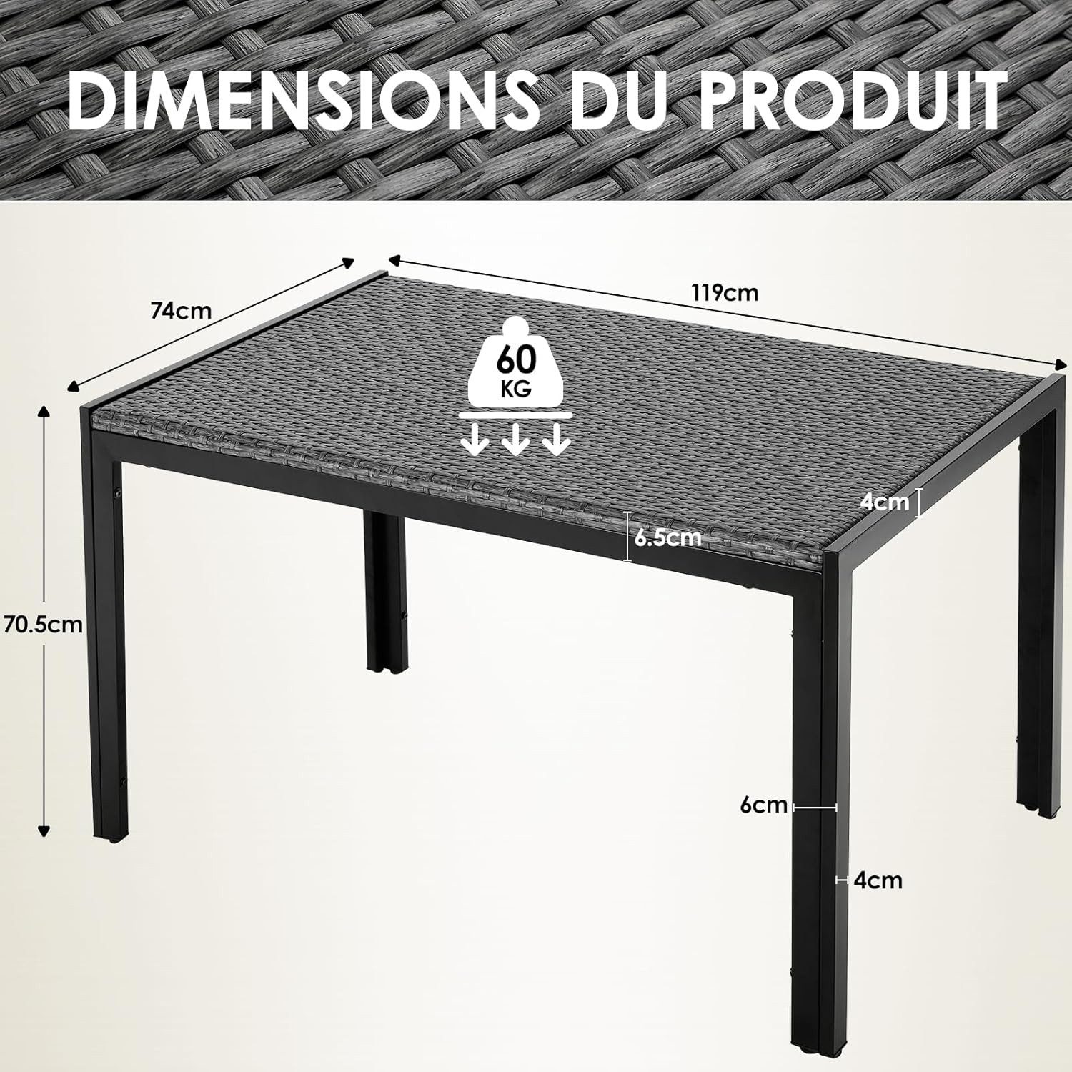 TLGREEN Gartentisch PE-Rattan 119x74cm, Wetterfester Polyrattan Esstisch für 6 Personen (Balkontisch mit Höhenverstellbaren Füßen & Stabilen Metallrahmen), UV-beständiger Terrassentisch für Garten Balkon Outdoor Gastro