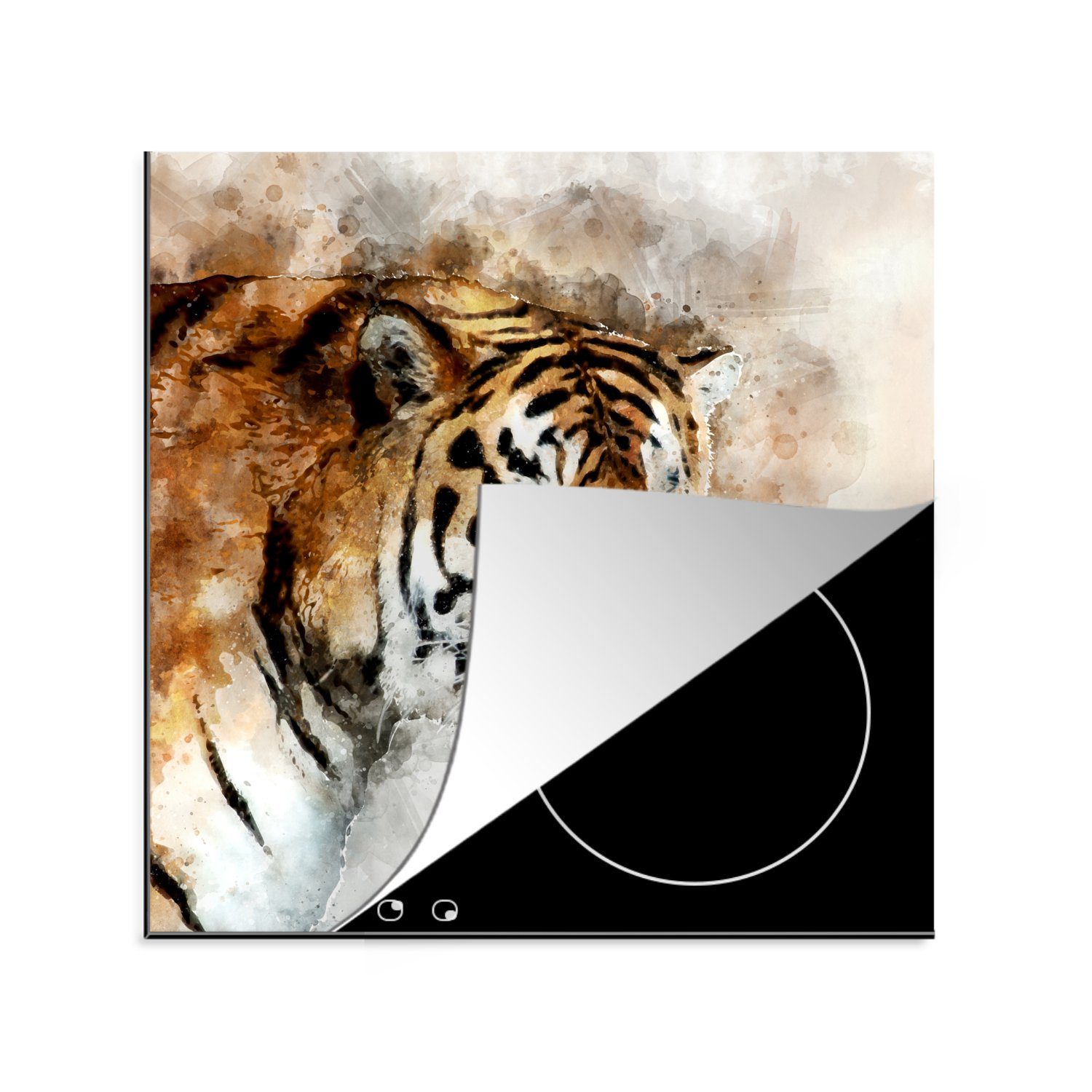 MuchoWow Herdblende-/Abdeckplatte Tiger - Gemälde - Weiß, Vinyl, (1 tlg), 78x78 cm, Ceranfeldabdeckung, Arbeitsplatte für küche