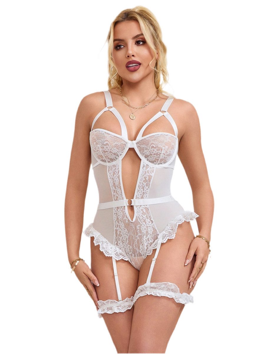 Lau-Fashion Body Unterwäsche mit Strapse Teddy Damen Dessous Spitze Reizwäsche S/XL