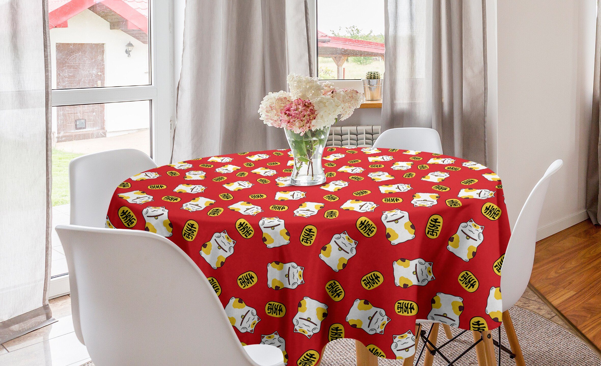 Tischdecke Abakuhaus Abdeckung Dekoration, Katze Glück-Katzen-Wiederholung Esszimmer japanische Kreis Küche Tischdecke für
