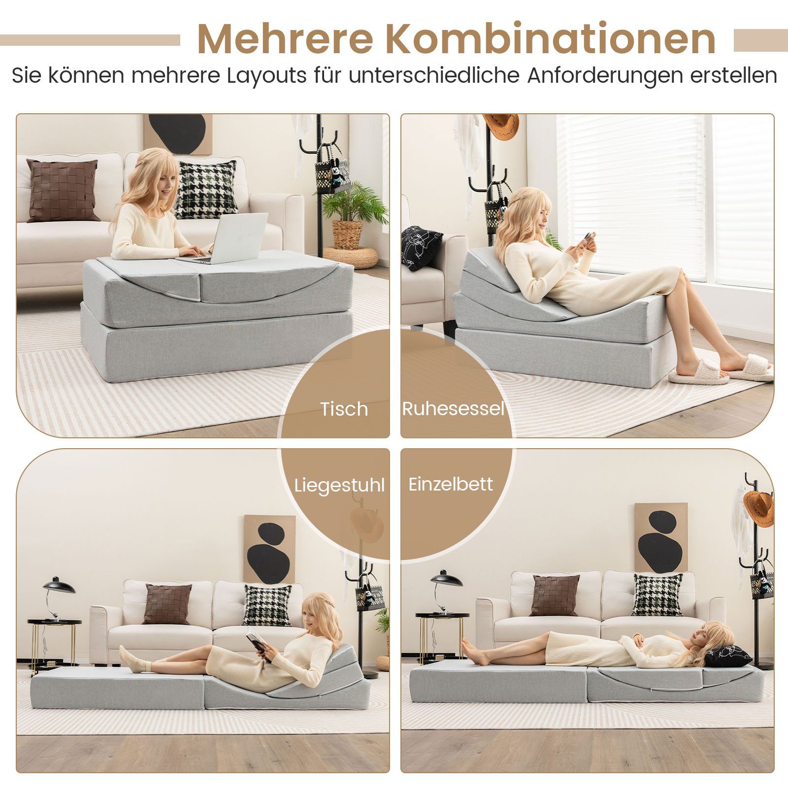 abnehmbarem COSTWAY Leinenstoffbezug 4in1, Schlafsofa Bodensofa, mit faltbar,