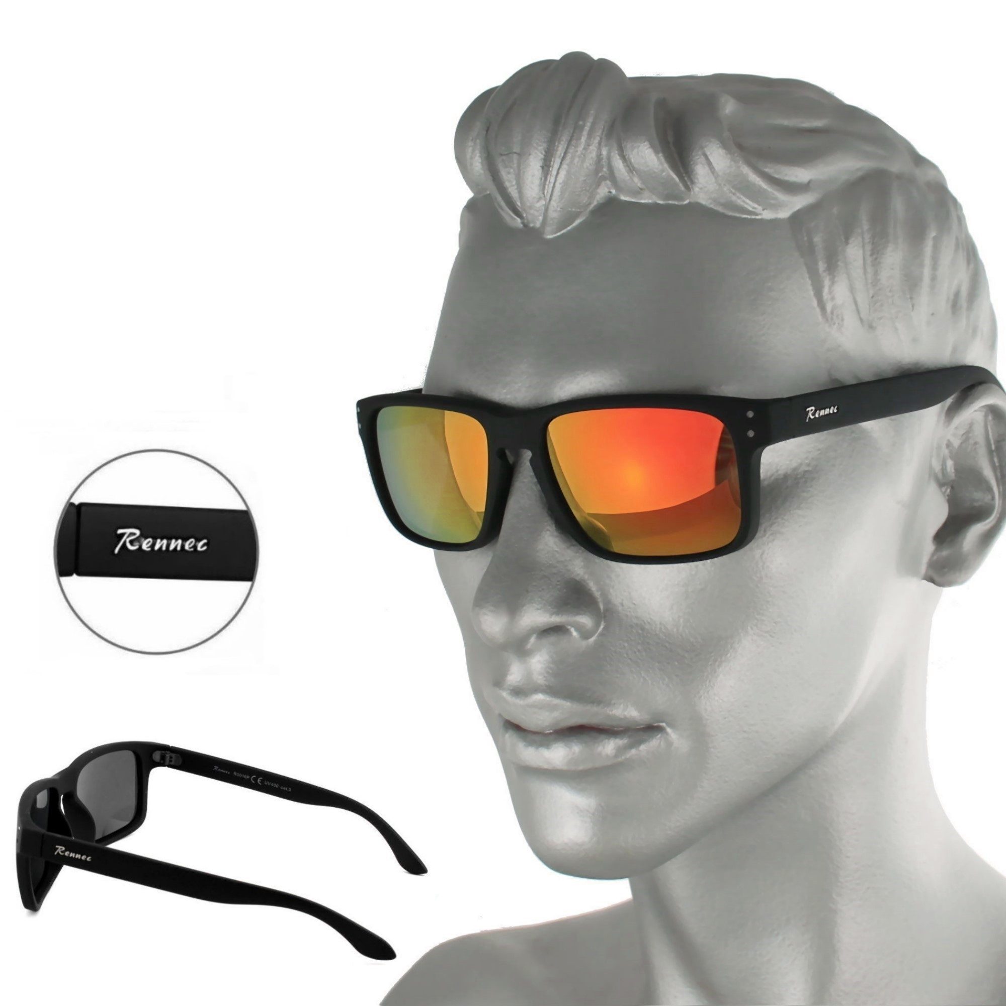 Rennec Sonnenbrille Herren Markenbrille Polarisiert Rechteckig mit Brillenbeutel Gläser Orange Verspiegelt stabile Bügelgelenke Markenschriftzug