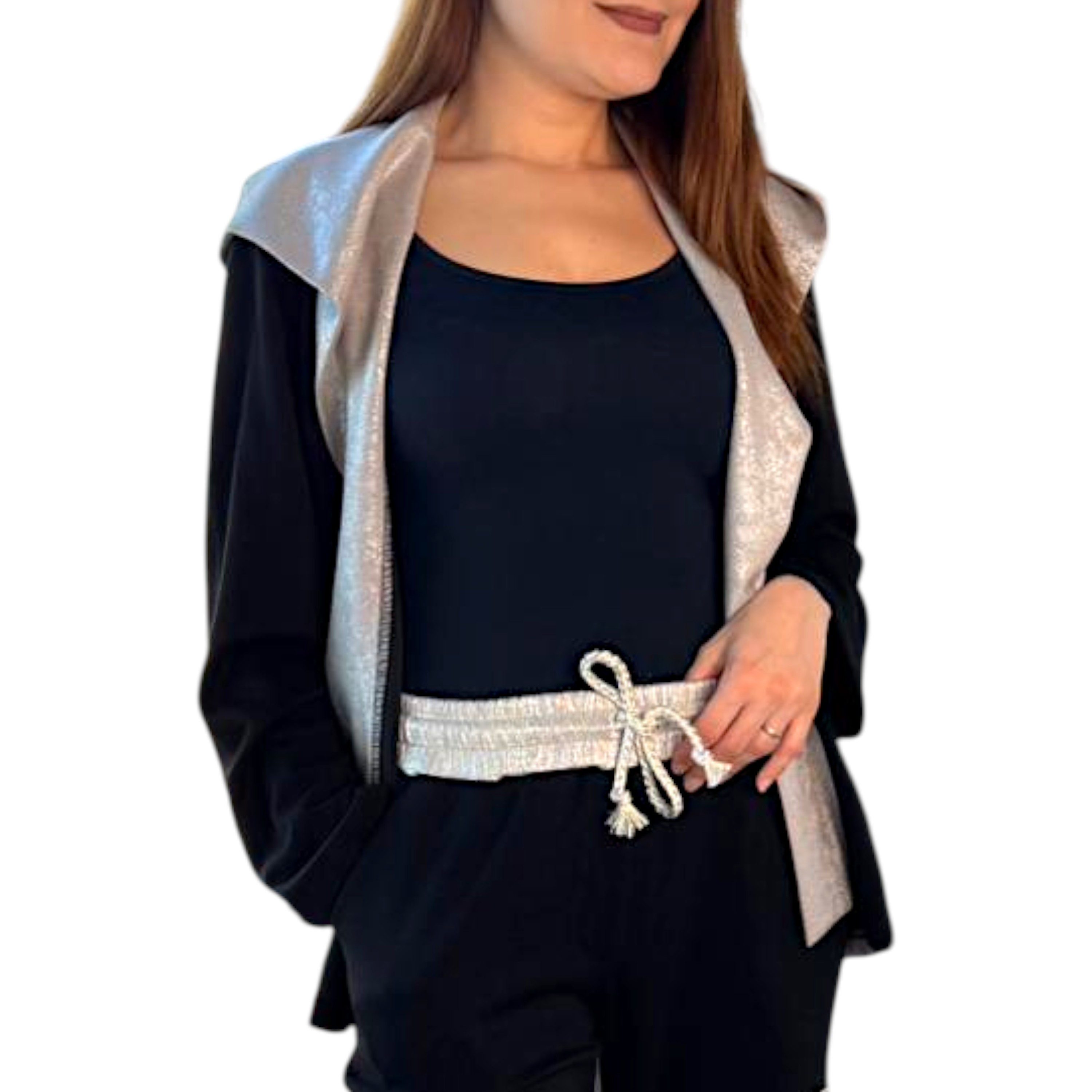 WENOR Kapuzensweatjacke Damen Oversize Jacke Schalkragen Glanz Look mit Taschen Schalkragen, Glanz Details, Oversize Schnitt
