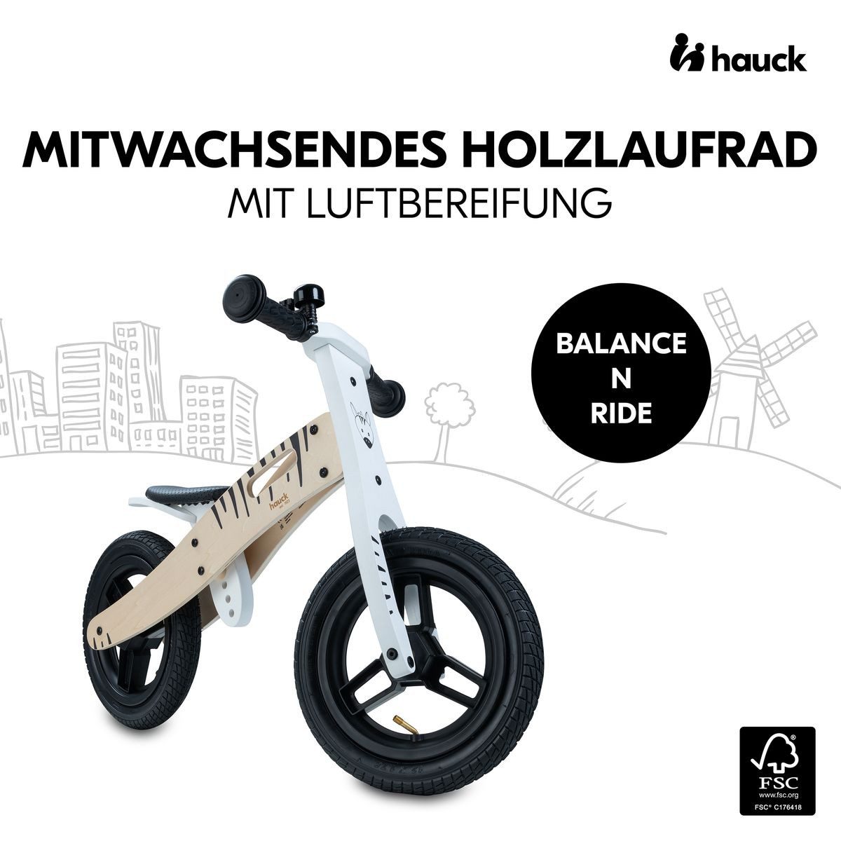 Hauck Laufrad Balance N Ride - Zebra 12 Zoll, Holz Lauflernrad mit Lufträdern & verstellbarem Sitz ab 18 Monate