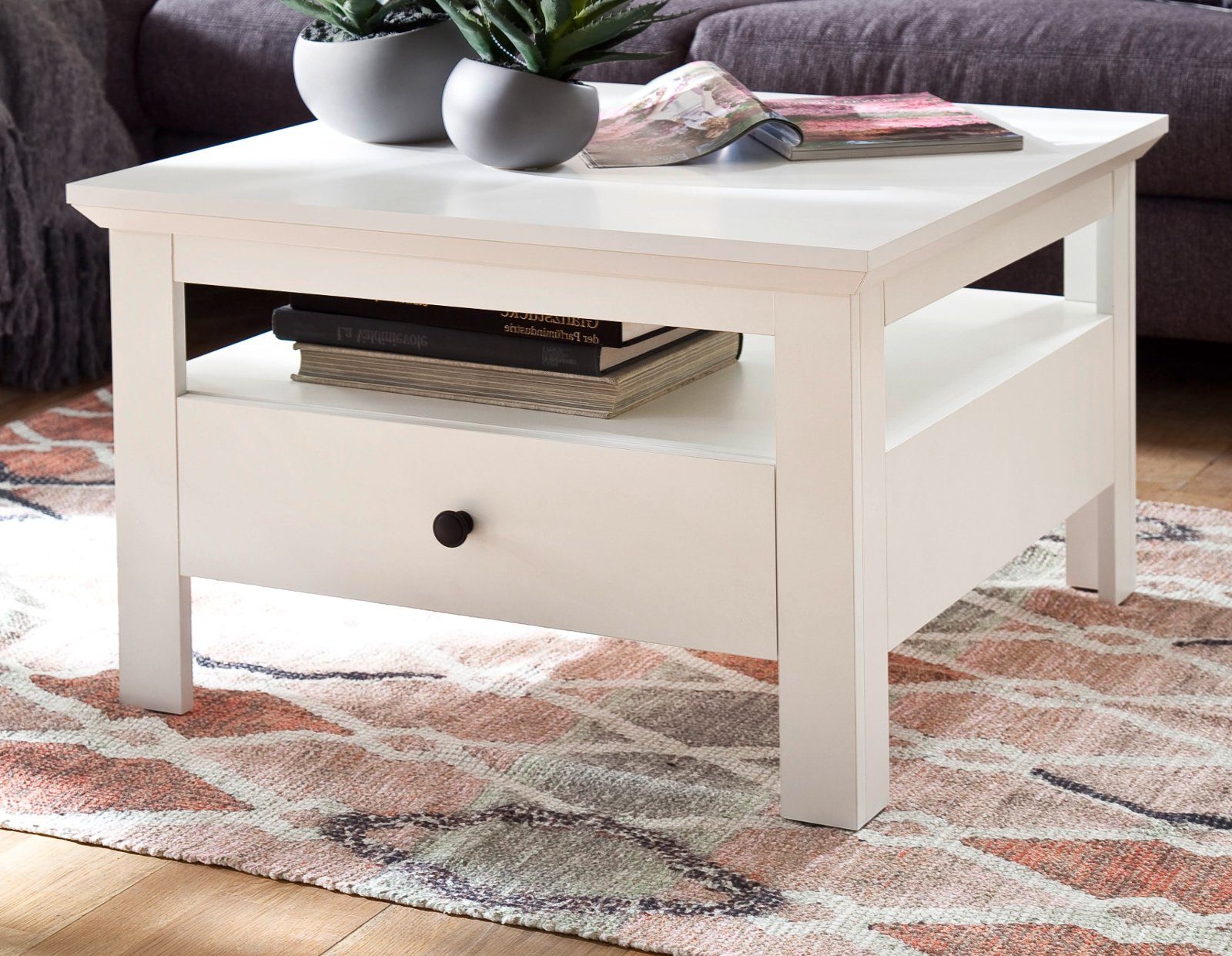 trendteam Couchtisch Baxter (Wohnzimmertisch in weiß Landhaus, 70 x 70 cm), mit Ablage und Schubkasten