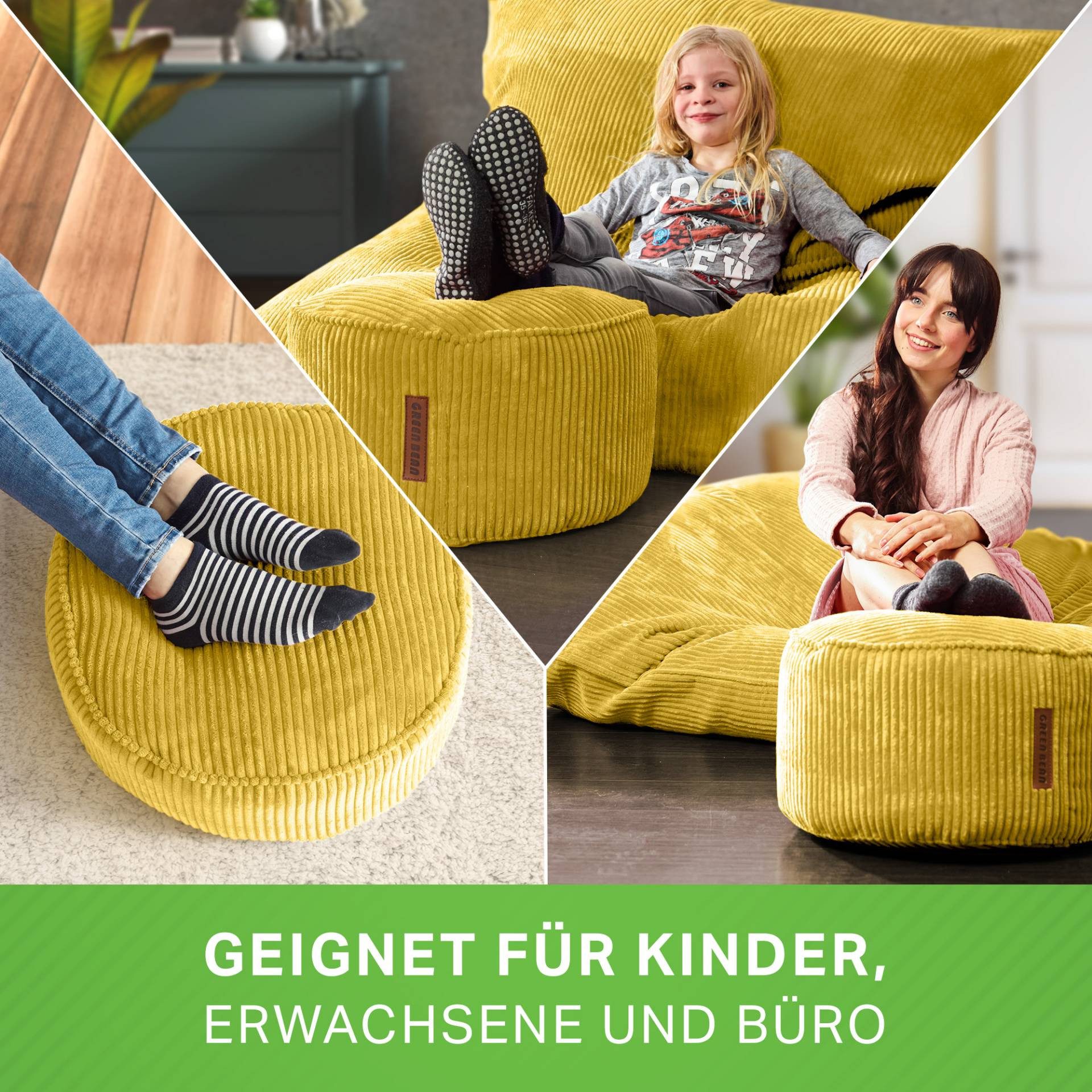 Green Bean Pouf Sitzsack-Hocker Pouf Cord 45x25cm (Indoor Sitzhocker Sitzkissen Fußhocker Relax-Sessel, Made in Germany), die ideale Ergänzung zum Sitzsack