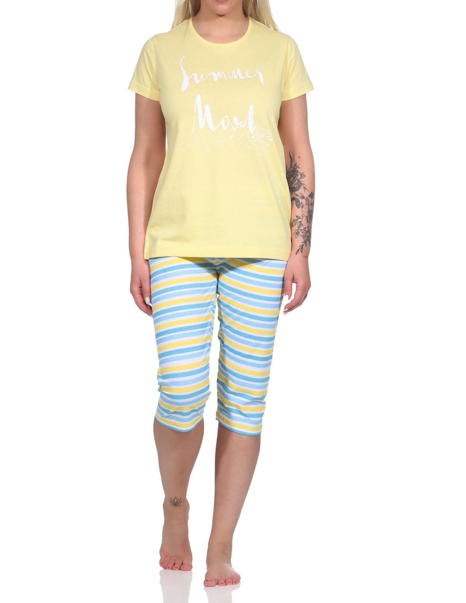 RELAX by Normann Pyjama Sommerlicher Damen Capri Schlafanzug, kurzarm Pyjama Hose geringelt