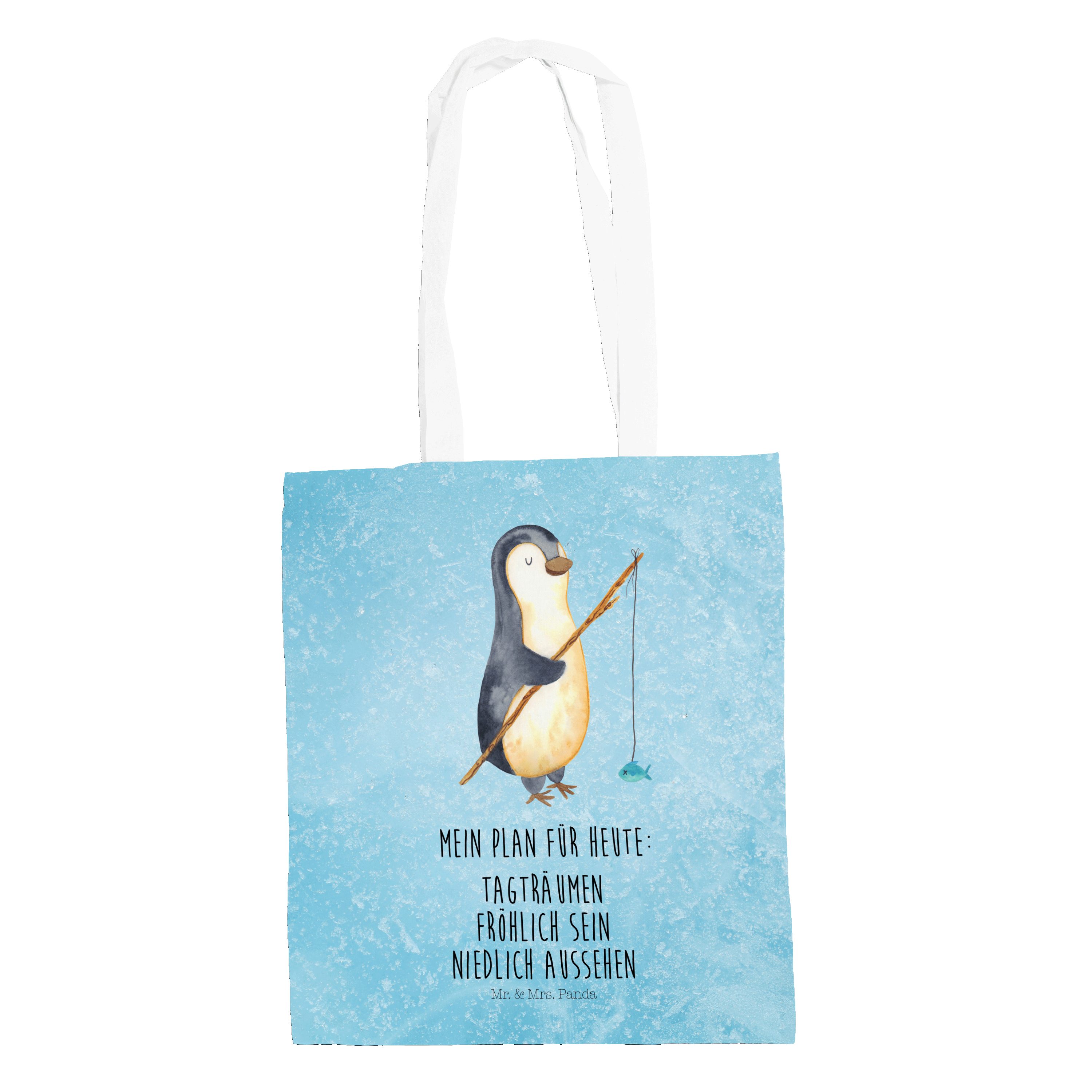 Angler Geschenk, Beutel, - (1-tlg) Mrs. Mr. Panda Tragetasche - Stoffbeutel, Pinguin & Angelurlaub Eisblau