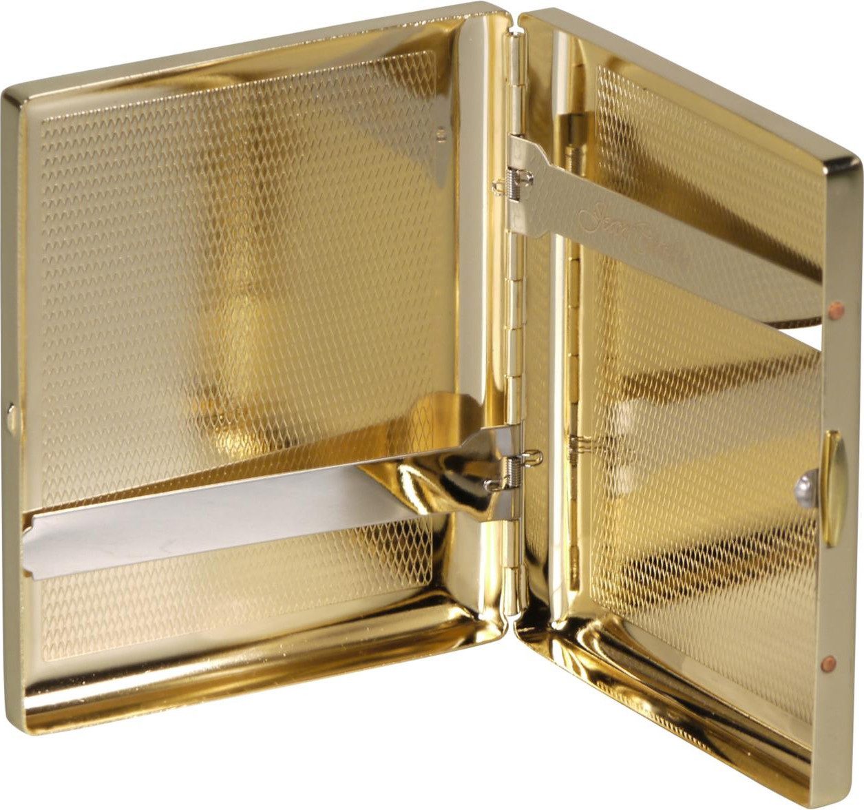 Jean Claude Bogenetui Zigarettenetui gold aus Metall gebürstet 20er mit Bügel, In einer Geschenkbox verpackt.