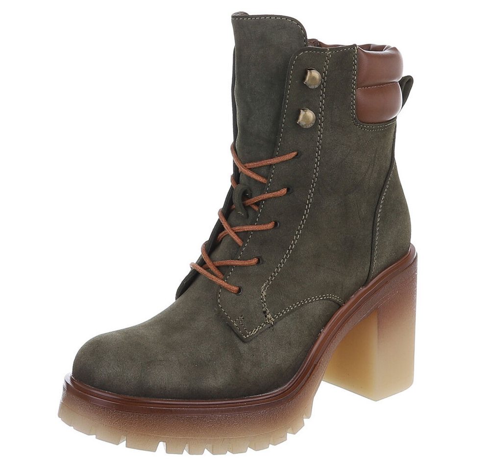 Ital-Design Damen Schnürstiefel mit Blockabsatz und Profilsohle Schnürstiefelette (92422401) Blockabsatz Stiefeletten in Grün