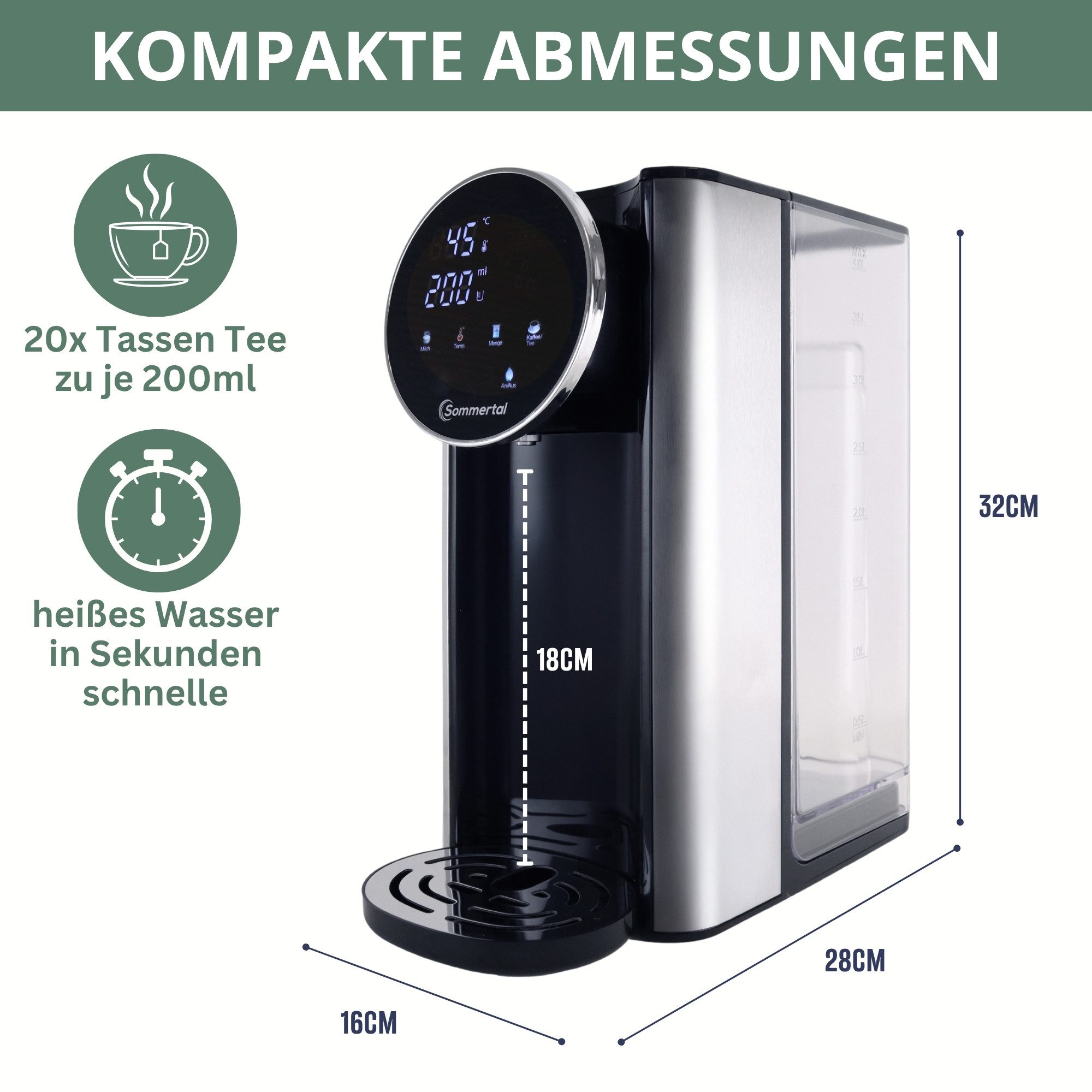 Sommertal Heißwasserspender Sommertal HW400 Heißwasserspender Businessline mit abnehmbaren 4L Tank, 4 l, instant heißes Wasser 45-100°C, Touchdisplay, Babynahrung, kompakt